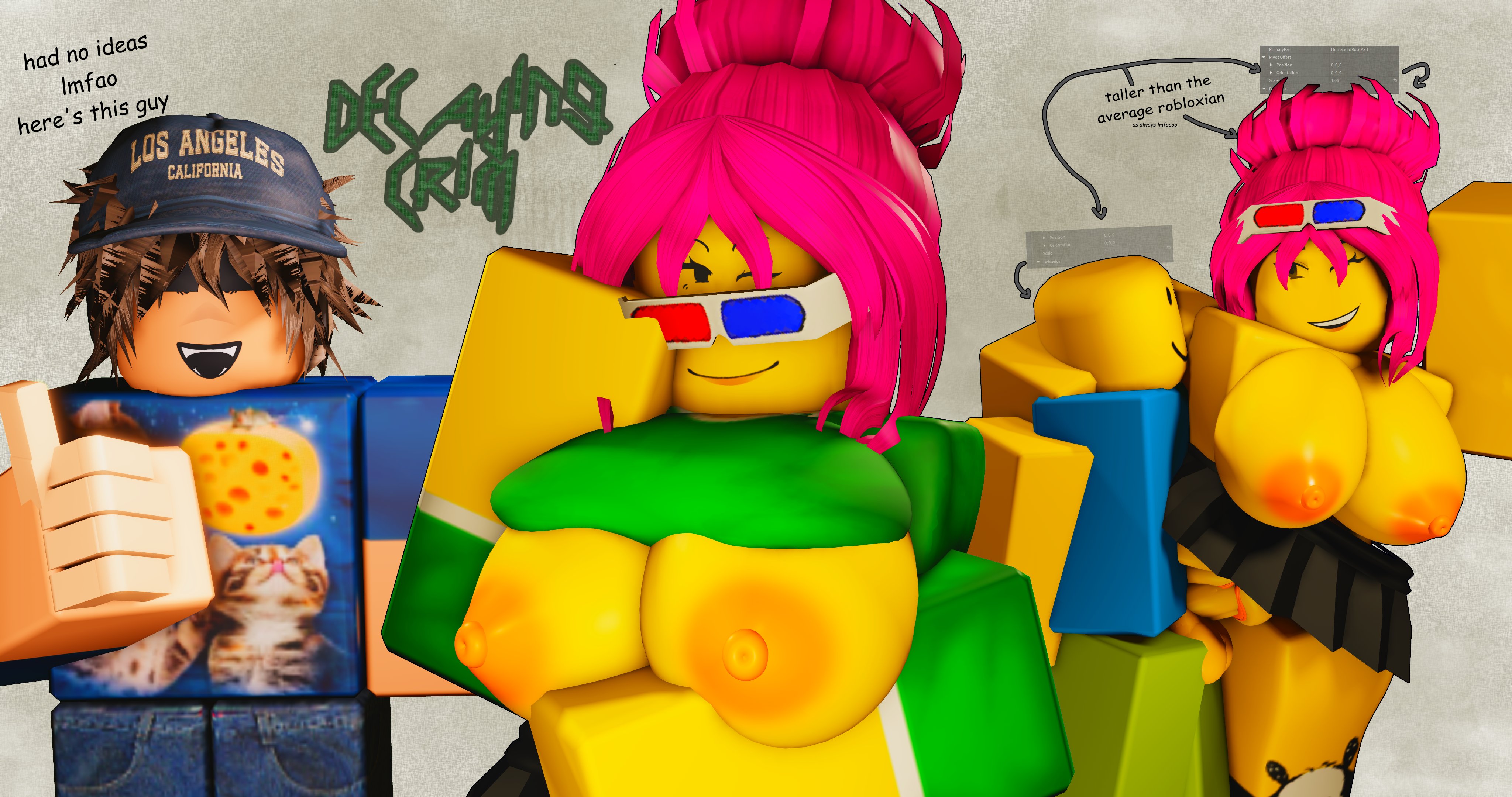 1girls, 3d, 3d glasses, areolae, artist name, balls, breasts, breasts out, chloe (angrydiaper123), crimstuff, female, functionally nude, male, nipples, noob, noob (roblox), original character, penis, pussy, roblox, roblox avatar, robloxian, standing sex, tagme, thighs, topless