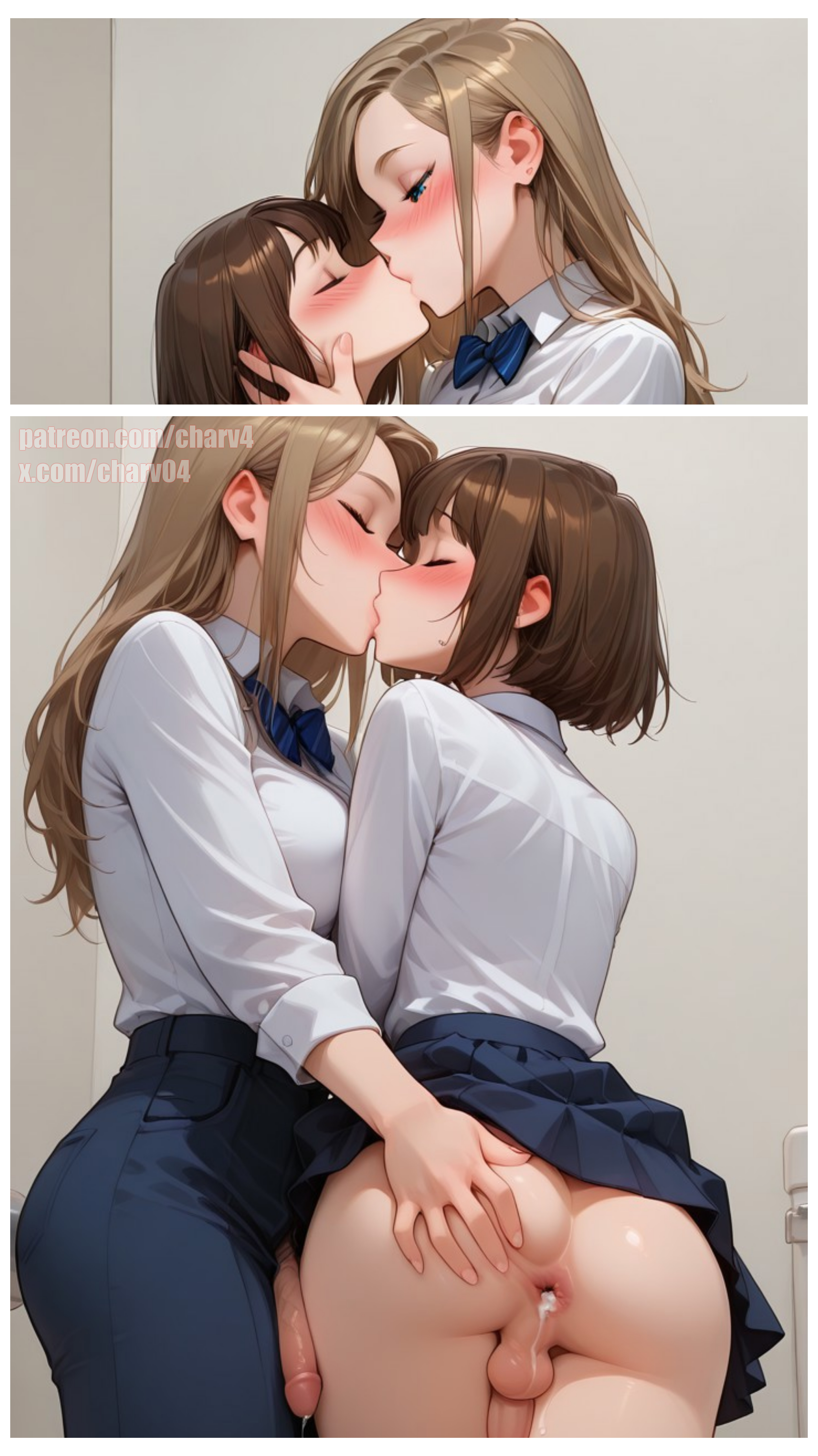 2futas, after anal, after sex, age difference, ai generated, bathroom, big breasts, breasts, brown hair, charv, classroom, futa on futa, futa only, futadom, futanari, intersex, katherine (charv), long hair, luna (charv), penis, short hair, sitting, sitting on penis, student and teacher, teacher and student, toilet