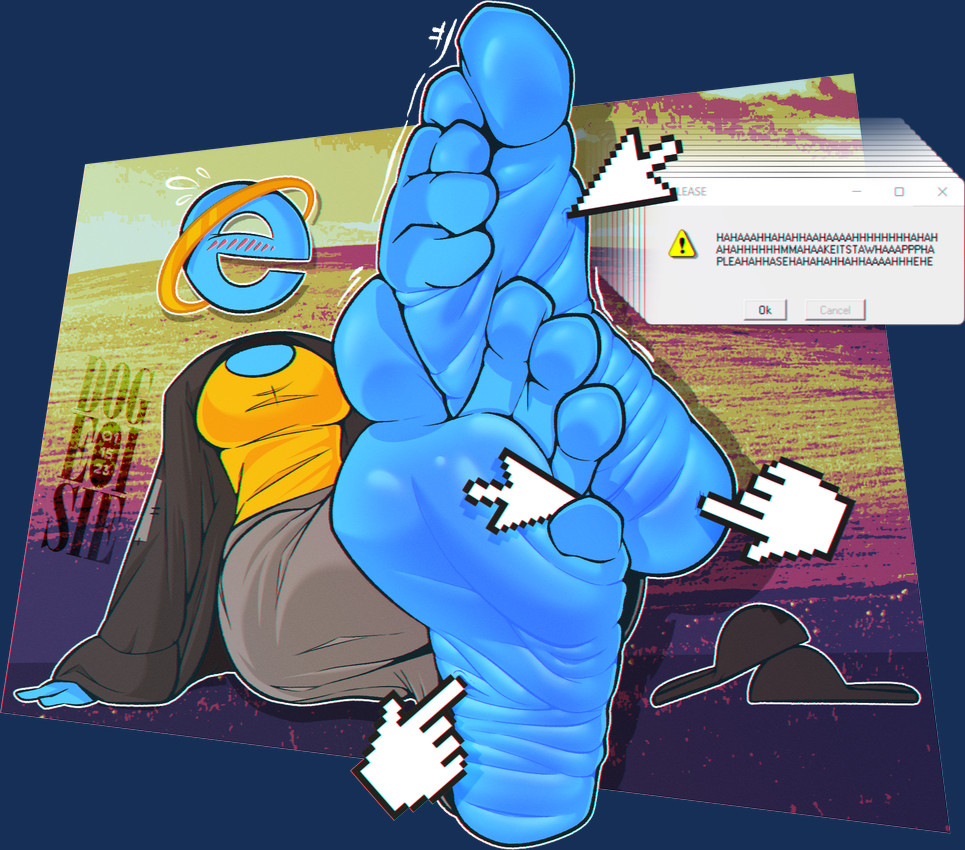 1girls, 5 toes, baggy clothing, blue body, blue skin, blush, bodily fluids, clothed, clothing, dogeoisie, feet, female, female focus, female humanoid, female only, foot fetish, foot focus, footwear, footwear removed, highres, humanoid, humanoid feet, internet explorer, internet explorer-tan, laughing, logo, mouse cursor, os-tan, plantigrade, question, shaking, shaking lines, shiny feet, shiny skin, site-tan, sweat, tagme, text, tickle fetish, tickling, tickling feet, website logo, wrinkled feet, wrinkled soles, wrinkles