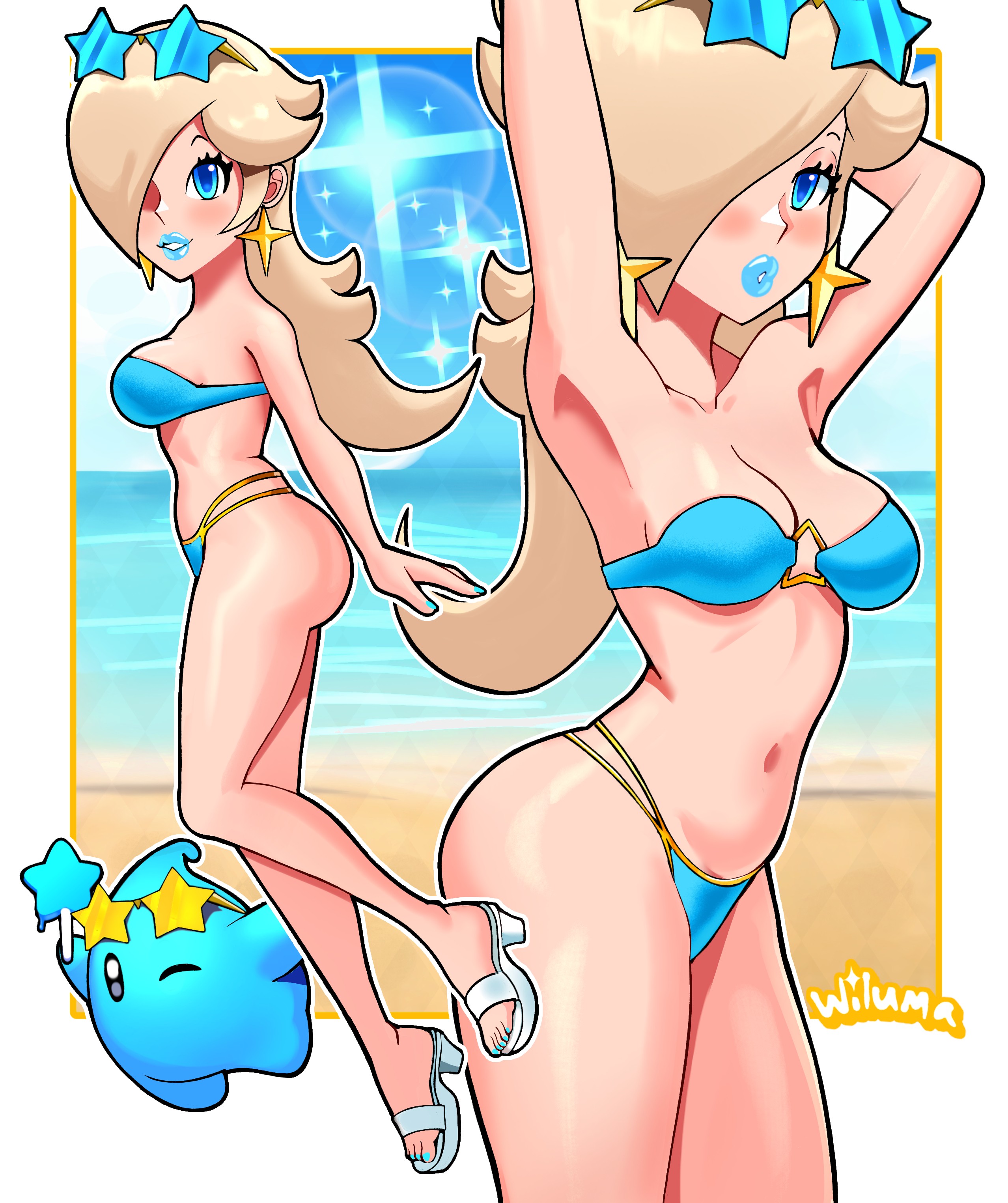 1girls, alternate version available, arms behind head, ass, big breasts, big lips, bikini, bikini bottom, bikini top, bimbo, blonde hair, blue bikini, blue eyes, blue lips, blue lipstick, blue nail polish, blue nails, blush, bottomwear, breasts, clothing, ear piercing, earrings, female, female focus, female only, footwear, hair, hair over one eye, half-closed eyes, headwear, hips, legs, lips, lipstick, long hair, luma, mario (series), multiple views, nail polish, nails, nintendo, parted lips, princess rosalina, sandals, side-tie bikini, sideboob, sparkles, star, star earrings, sunglasses, sunglasses on head, thick lips, thighs, toenail polish, toenails, topwear, wide hips, wiluma