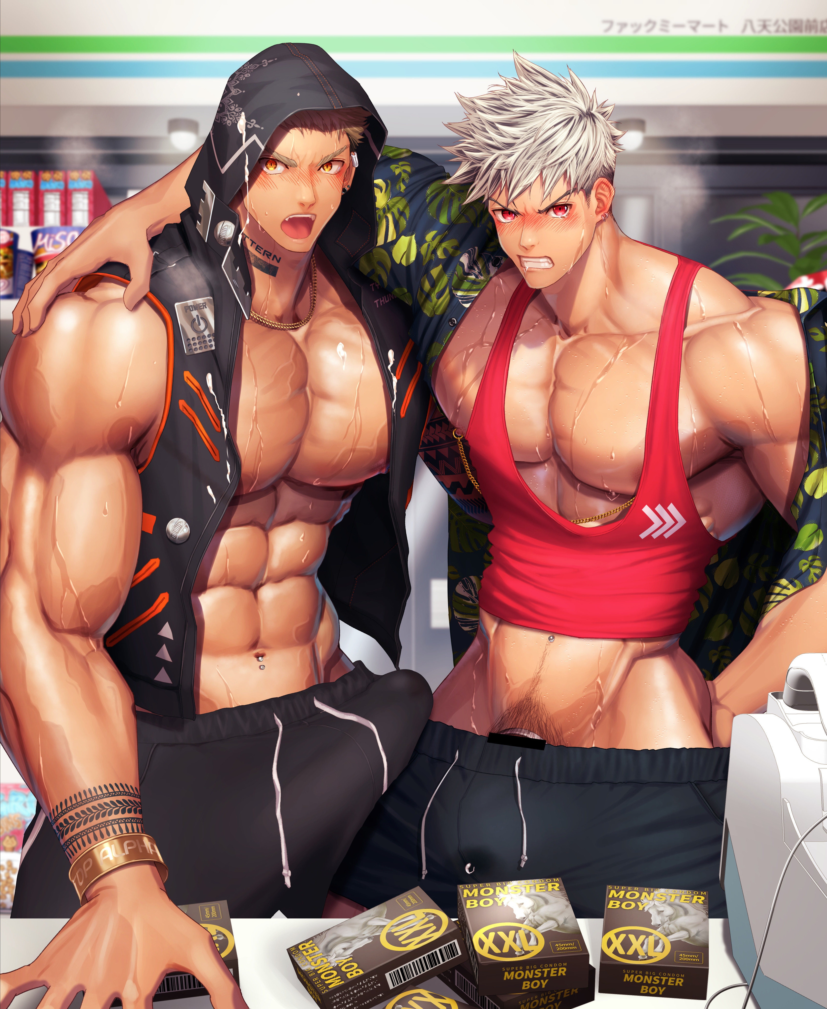 2boys, abs, absurd res, ambiguous fluids, arm on shoulder, bara, bare breasts, beefy, biceps, big breasts, big bulge, big hands, blonde hair, blonde male, blonde-haired male, blush, blushing profusely, bracelet, brand name imitation, breasts, broad shoulders, bulge, bulge through clothing, buying condoms, cashier, censor bar, censored, censored penis, chain necklace, clenched teeth, cock ring, condom, convenience store, delinquent, ear piercing, earrings, erection, erection under clothes, frown, gay, gold jewelry, gold necklace, hand on hip, happy trail, hi res, hoodie, huge breasts, hunk, indoors, jewelry, looking at viewer, male, male only, male/male, manly, mature male, meisho hanten, menacing, muscles, muscular, muscular arms, muscular chest, muscular male, necklace, nipple chain, nipple piercing, nipples, open clothes, open mouth, oppai, original, original character, pecs, penis, pierced ears, pierced navel, pierced nipples, piercing, piercings, pissed off, pointless censoring, pubic hair, punk, punk boy, red eyes, revealing clothes, short hair, six pack, spiky hair, standing, steam, steamy breath, sweat, sweatdrop, sweating, sweaty, tank top, tattoo, tattoo on neck, tattoo on wrist, tattoos, thick neck, tough guy, triceps, veiny arms, veiny belly, very high resolution, very sweaty, vest, white hair, xxl condom, yaoi, yellow eyes