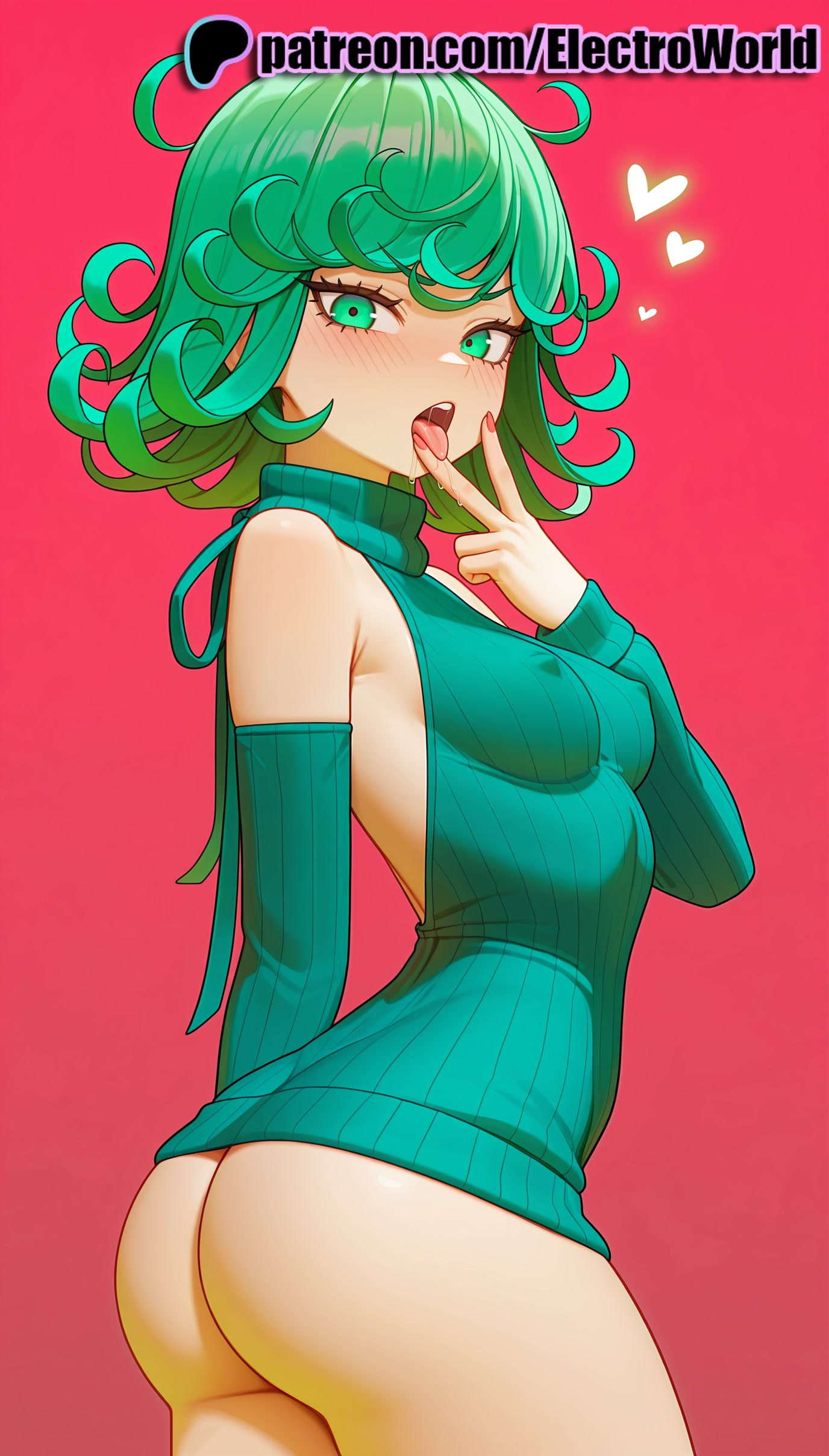 1girls, 2025, ai generated, artist name, blush, breasts, bust, chest, cunnilingus gesture, curly hair, dress, electroworld, female, green eyes, green hair, hi res, high quality, high resolution, highres, nail polish, one-punch man, patreon, patreon username, pink background, red background, ribbed sweater, solo, stable diffusion, sweater, tatsumaki, virgin killer sweater, watermark
