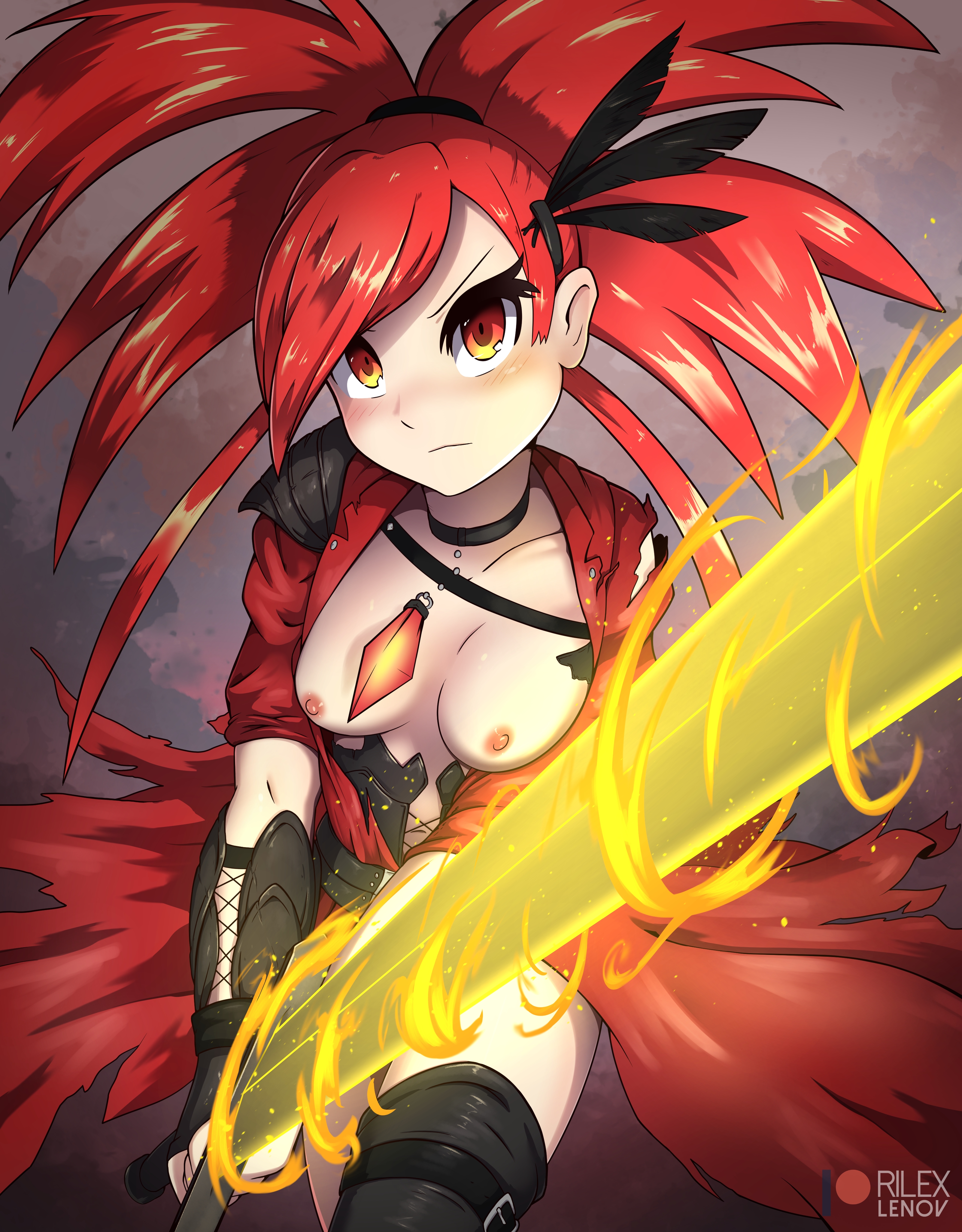 1girls, alternate outfit, boots, breasts, choker, corset, female, flannery (pokemon), gem, gloves, hair ornament, highres, holding, human, human only, nintendo, nipples, patreon, pokemon, pokemon rse, pose, red eyes, red hair, rilex lenov, sword, text, watermark