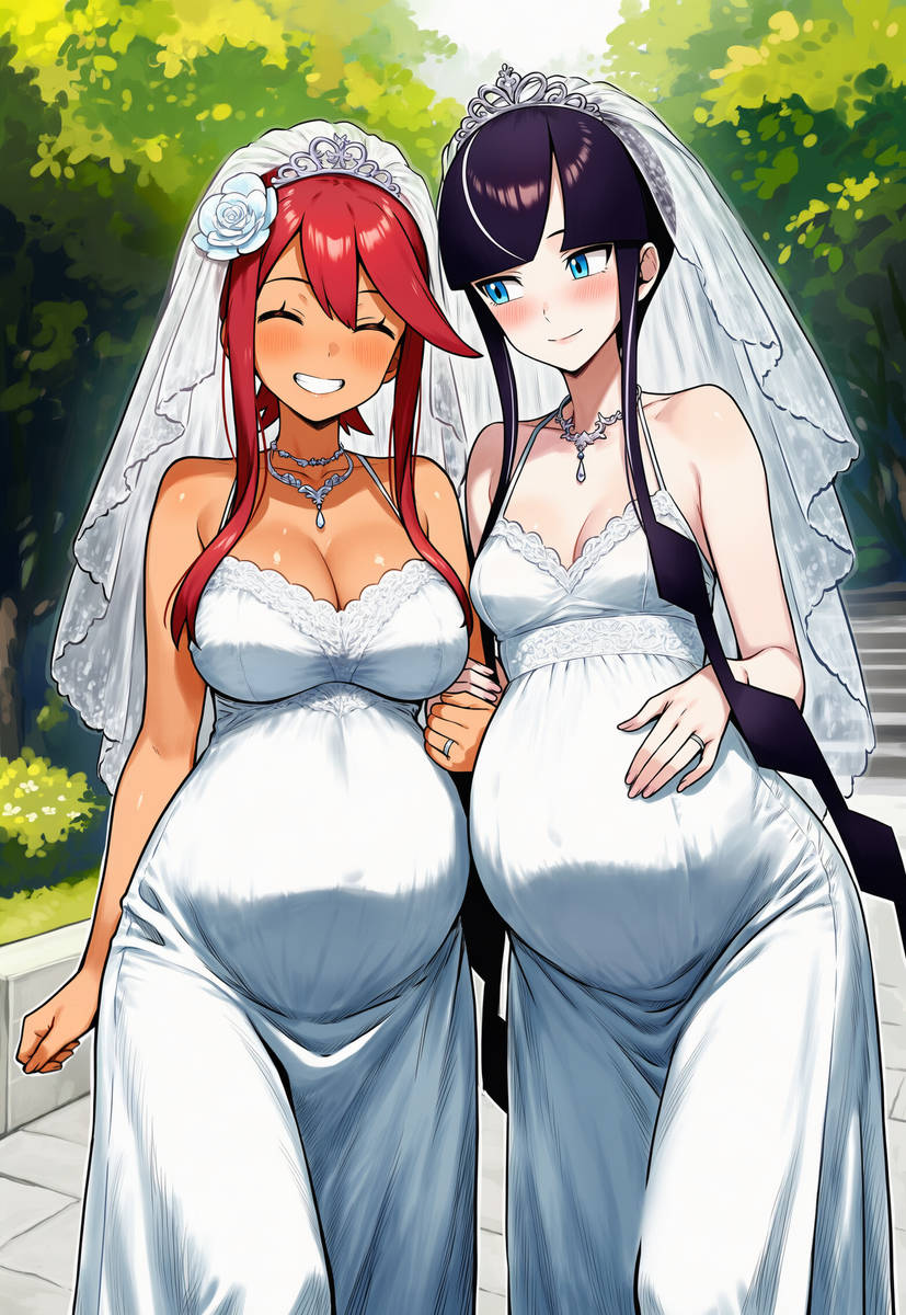 2girls, 2pregnancy, ai generated, bride, elesa (pokemon bw2), elesa (pokemon), female, female only, gym leader, latina, multiple females, multiple girls, multiple pregnancies, pokemon, pregnant, pregnant belly, pregnant bride, pregnant female, skyla (pokemon), wedding dress, yuri