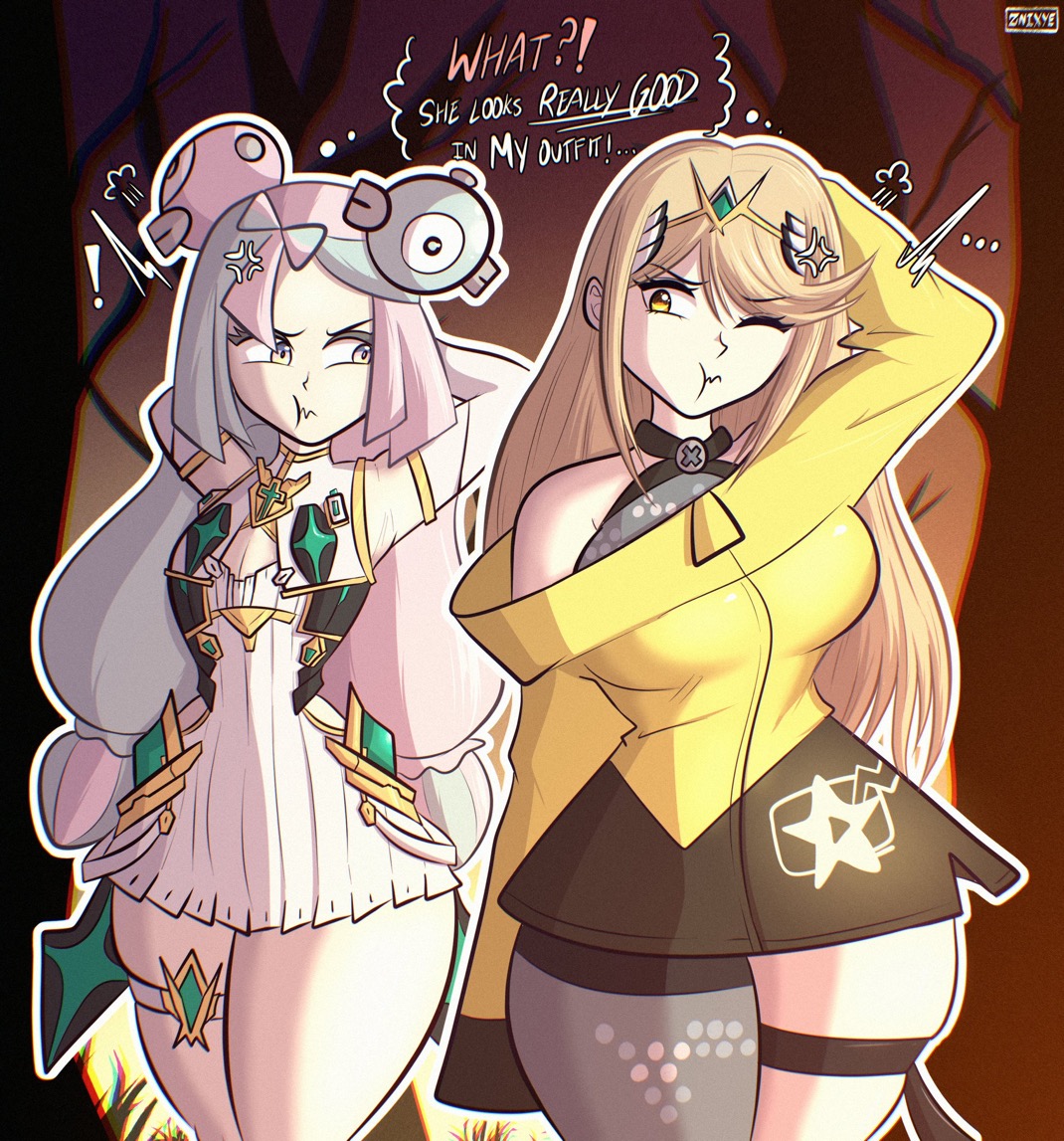big ass, big breasts, breasts, clothes swap, crossover, female, iono (pokemon), magnemite, mythra, mythra (xenoblade), nintendo, outfit swap, pink hair, pokemon, pokemon sv, tagme, thick thighs, xenoblade (series), xenoblade chronicles 2, znixye
