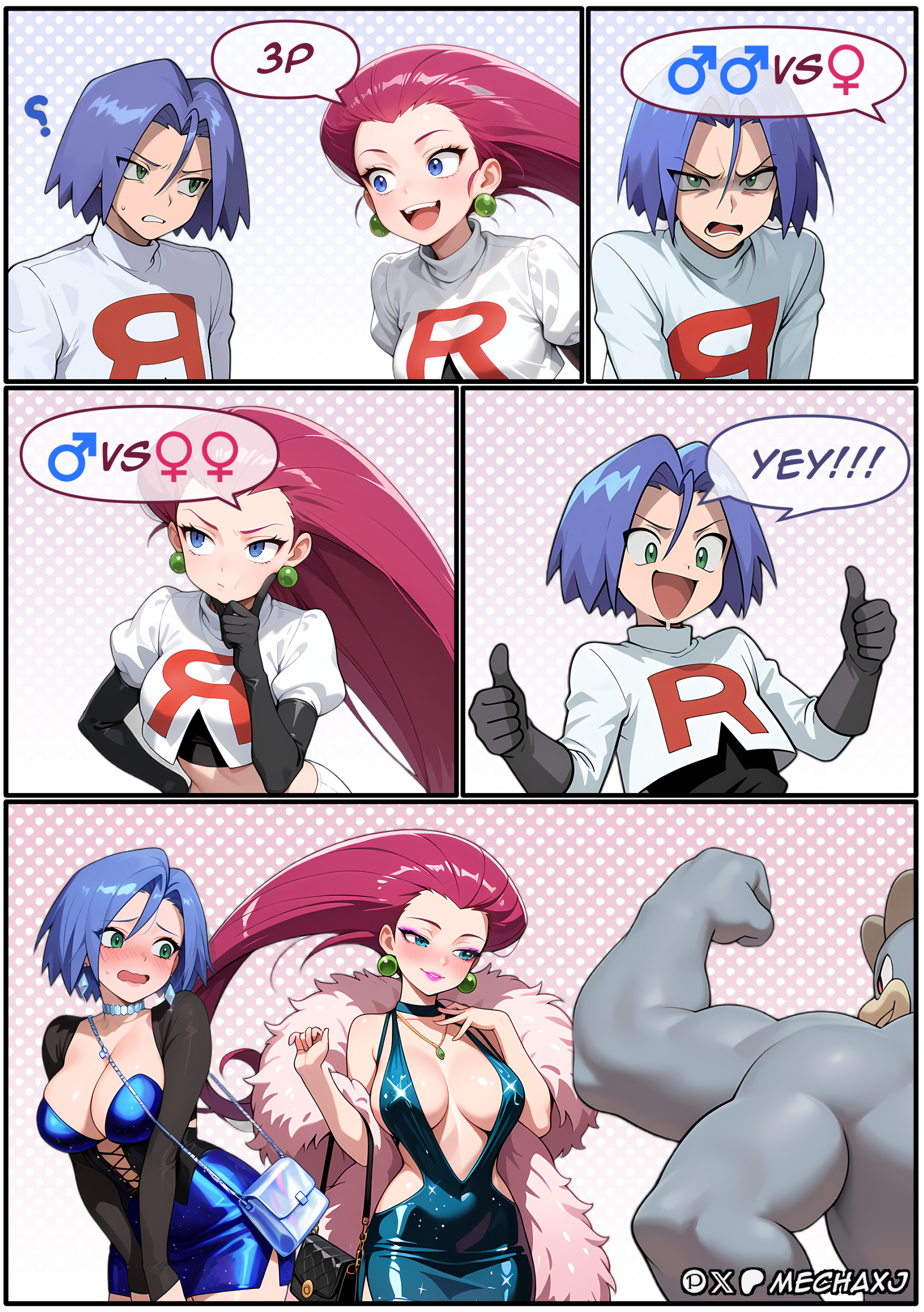 ai generated, crossdressing, femboy, james (pokemon), jessie (pokemon), machamp, male, mechaxj, pokemon, team rocket, trap