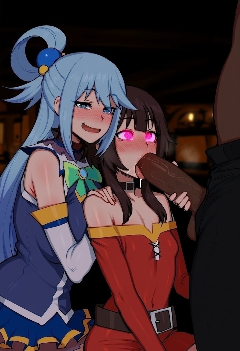 1boy, 2girls, ai generated, aqua (konosuba), aquasamaqueen, blue hair, brown hair, cum, dark skin, dark-skinned male, female, hypnosis, kono subarashii sekai ni shukufuku wo!, male, megumin, multiple females, multiple girls, oral, penis, red eyes