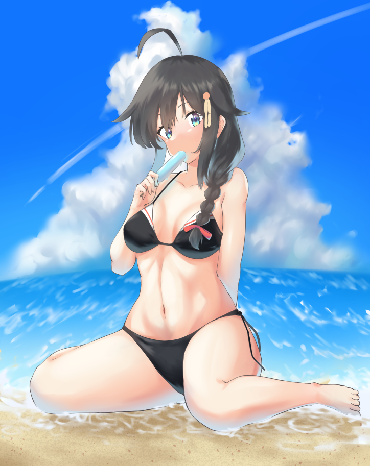 1girls ahoge antenna_hair bare_arms bare_belly bare_calves bare_chest bare_hands bare_hips bare_knees bare_legs bare_midriff bare_navel bare_shoulders bare_skin bare_thighs bare_toes barefoot beach belly belly_button bikini bikini_bottom bikini_only bikini_top black_bikini black_bikini_bottom black_bikini_top black_hair black_hair_female black_string_bikini black_swimsuit black_swimwear blue_eyes blue_eyes_female blue_sky braid braided_hair braided_ponytail breasts calves clouds coast collarbone day daylight daytime elbows exposed_arms exposed_belly exposed_chest exposed_hips exposed_legs exposed_midriff exposed_navel exposed_shoulders exposed_skin exposed_thighs exposed_toes feet female female_focus female_only fingers full_body groin hair_between_eyes hair_ribbon hair_tie halterneck high_resolution highres horizon hourglass_figure kantai_collection knees lanthan lean_figure legs long_hair looking_at_viewer medium_breasts midriff narrow_waist navel ocean outdoor outdoors outside ponytail popsicle ribbon sand sea seaside shigure_(kantai_collection) shoulders side-tie_bikini sitting sitting_on_ass sitting_on_floor sitting_on_ground sky slender_body slender_waist slim_waist solo string_bikini swimsuit swimwear thick_thighs thighs water wide_hips