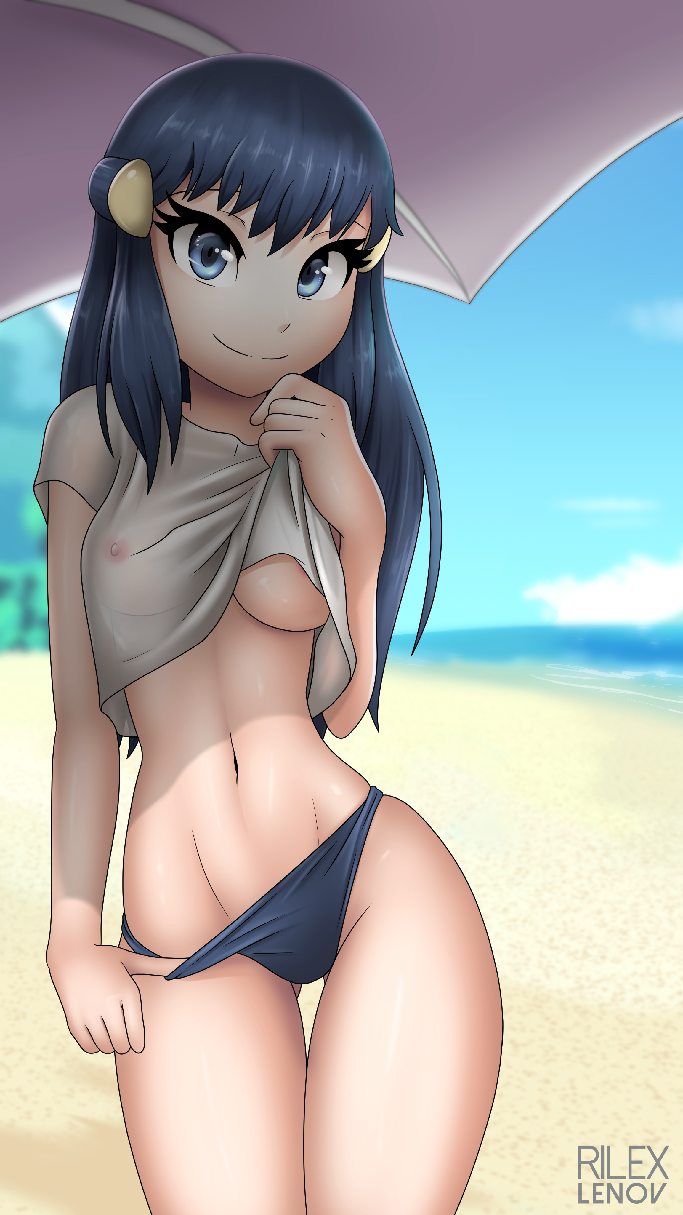 1girls, abs, alternate breast size, areolae, beach, belly, big eyes, blue eyes, blue hair, breasts, clothed, dawn (pokemon), eye contact, eyelashes, female, female only, highres, human, human only, looking at viewer, navel, nintendo, nipples, outdoors, panties, panty pull, pokemon, pokemon dppt, rilex lenov, see-through, shirt, shirt lift, smile, solo, standing, text, thick thighs, thin waist, underboob, undressing, watermark, wide hips