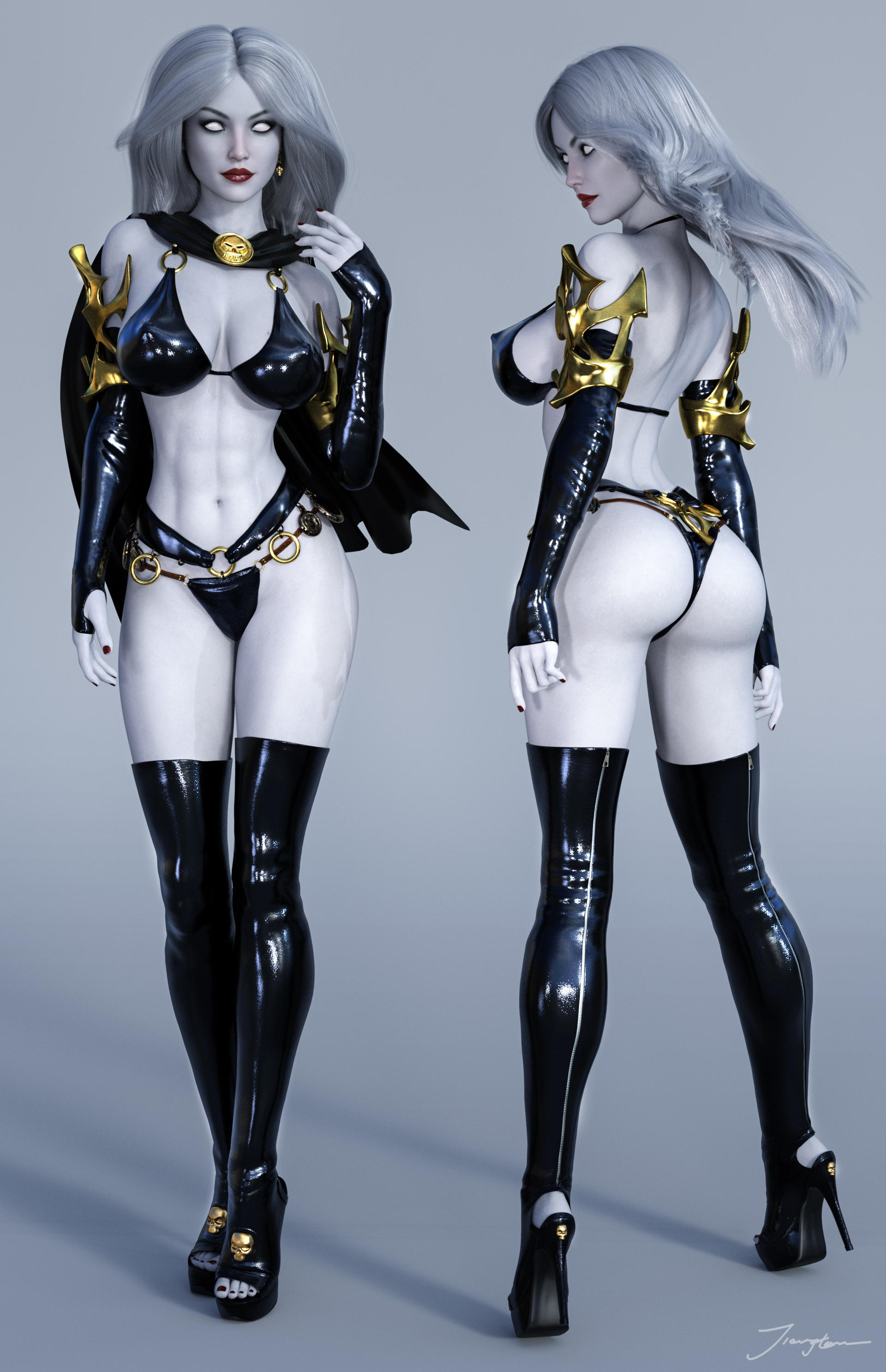1girls, 3d, abs, ass, back view, belly button, big breasts, black bra, black cape, black heels, black high heels, black nail polish, black nails, black panties, black sleeves, black thighhighs, black thong, boots, bra, breasts, busty, cape, chaos comics, cleavage, curvaceous, curvy, erect nipples, erect nipples under clothes, eyeshadow, female, female only, from behind, front view, grey skin, heels, high heel boots, lady death, large breasts, leather boots, light smile, lipstick, long hair, makeup, mascara, midriff, nail polish, navel, nipple bulge, nipples, open toe shoes, panties, pinup, red lips, red lipstick, signature, sleeves, smile, solo, stomach, thigh boots, thigh high boots, thighhigh boots, thighhighs, thighs, thong, tiangtam, toenail polish, voluptuous, white eyes, white hair