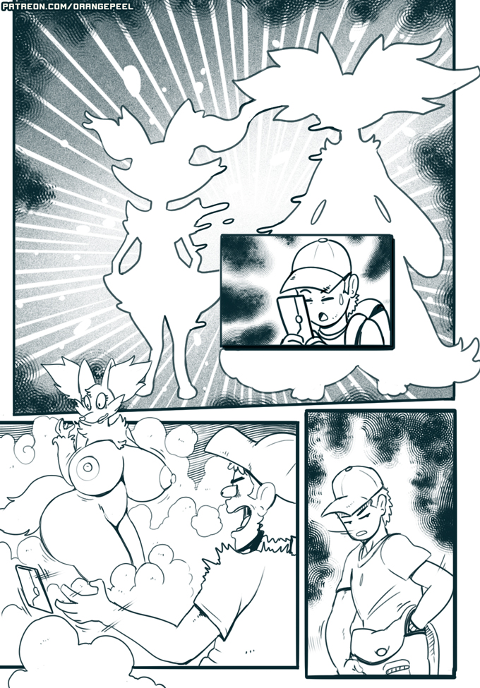 1boy, 1girls, anthro, anthrofied, braixen, breasts, canine, clothed, clothed male nude female, comic, delphox, evolution, female, fox, furry, hat, huge breasts, human, interspecies, male, monochrome, nintendo, nipples, nude, orange-peel, original character, patreon, pokémon (species), pokemon, pokemon (species), pokemon xy, text, thick thighs, transformation, url, watermark, wide hips
