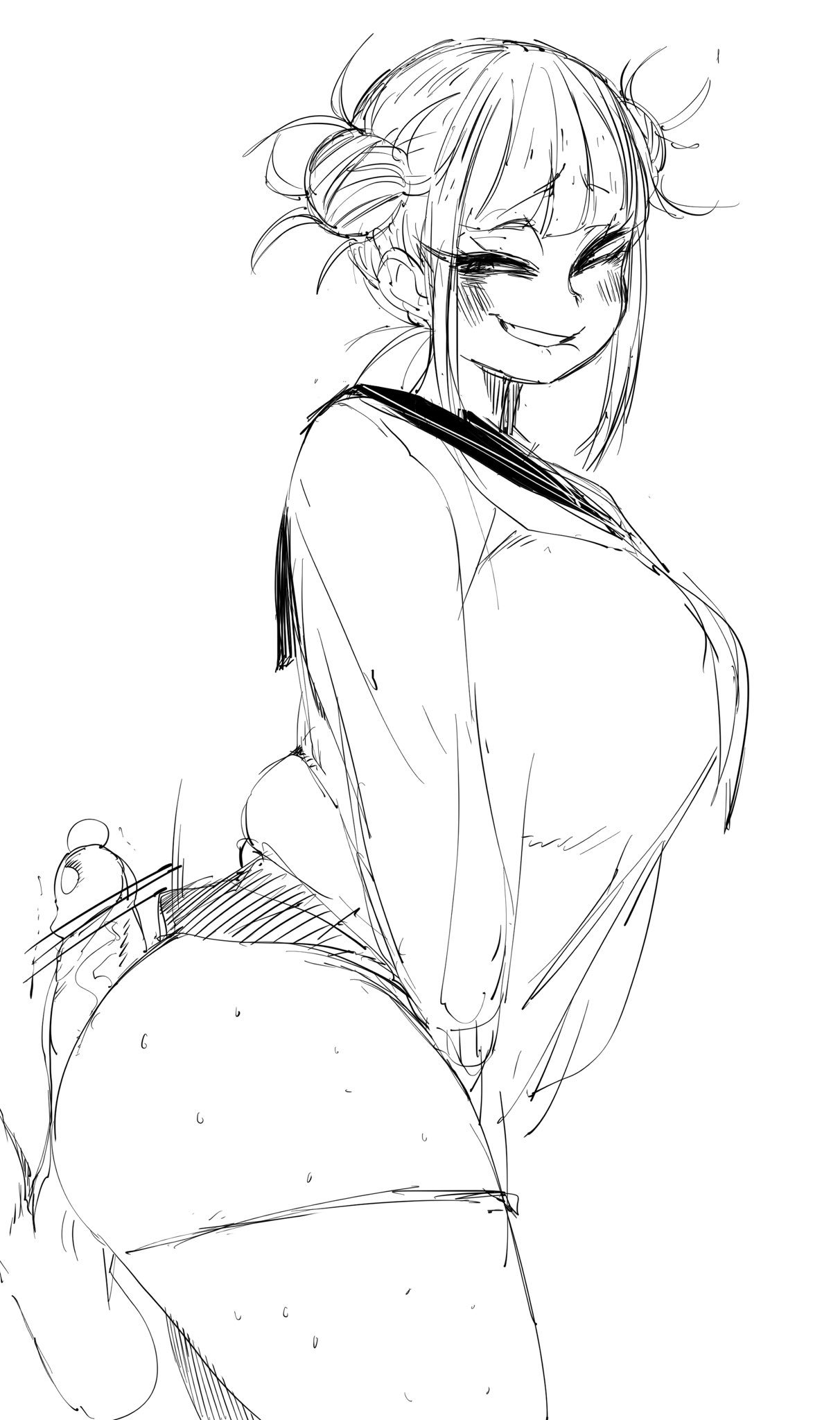 1boy, 1girls, alternate breast size, ass, assjob, big ass, big breasts, blush, bottomless, breasts, buttjob, coffing (artist), cum, cum on ass, disembodied penis, female, frottage, himiko toga, huge ass, huge breasts, large breasts, male, monochrome, my hero academia, panties, penis, shirt, sideboob, sketch, smile, source request, veins, veiny penis