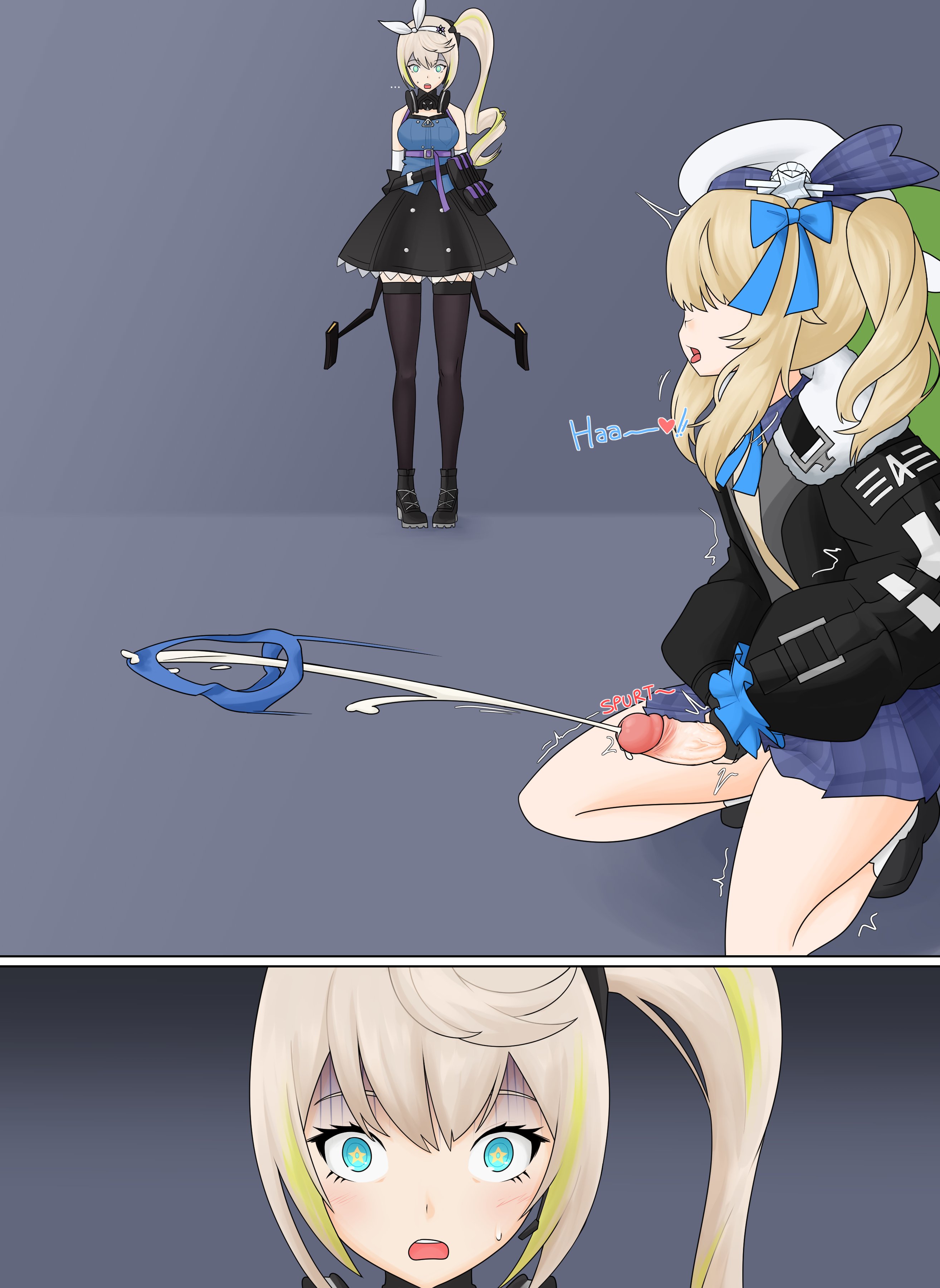 ..., 1futa, 2girls, 2koma, backpack, beret, blonde hair, blue eyes, blush, caught, caught in the act, caught masturbating, clothing, coat, crouching, cum, cumshot, dress, female, futanari, girls' frontline, girls' frontline 2: exilium, gloves, hair ribbon, hairband, hat, intersex, long hair, masturbation, mr. pizza (girls' frontline 2), nodachinsfw, open mouth, panties, penis, reaction shot, sharkry (girls' frontline 2), shocked, shocked expression, shoes, side ponytail, skirt, sleeveless, standing, star shaped pupils, surprised, surprised expression, sweat, sweatdrop, thighhighs, tongue, tongue out, vepley (girls' frontline 2), watching