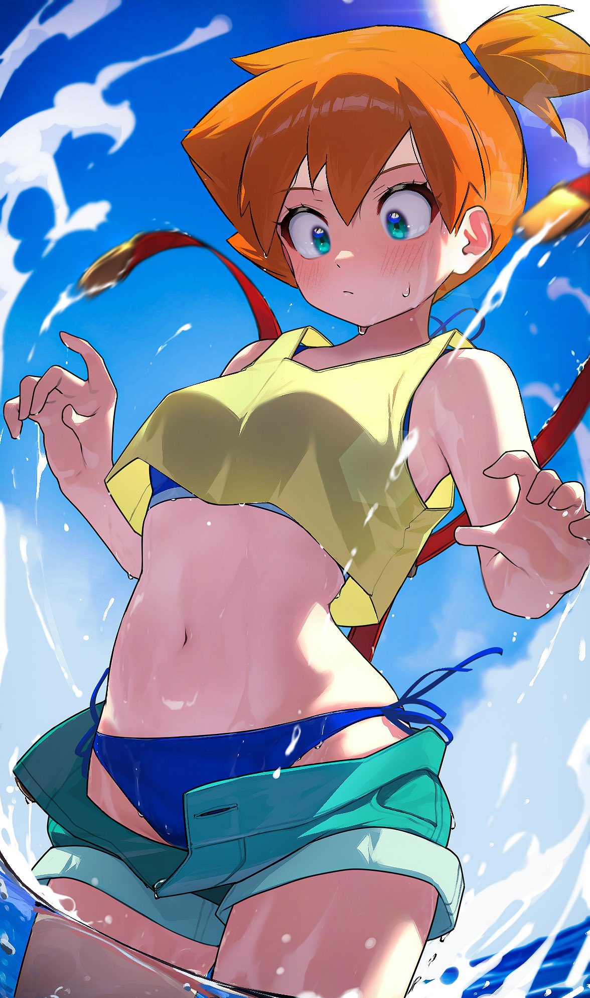 1girls, blue eyes, blush, blush lines, breasts, exposed, female, hizake, kashu (hizake), kasumi (pokemon), medium breasts, misty (pokemon rgby), misty (pokemon), orange hair, pocket monsters, pokemon, pokemon anime, pokemon rgby, realistic proportions, short jeans, solo, suprised look, swimsuit, tagme, water, zipper down