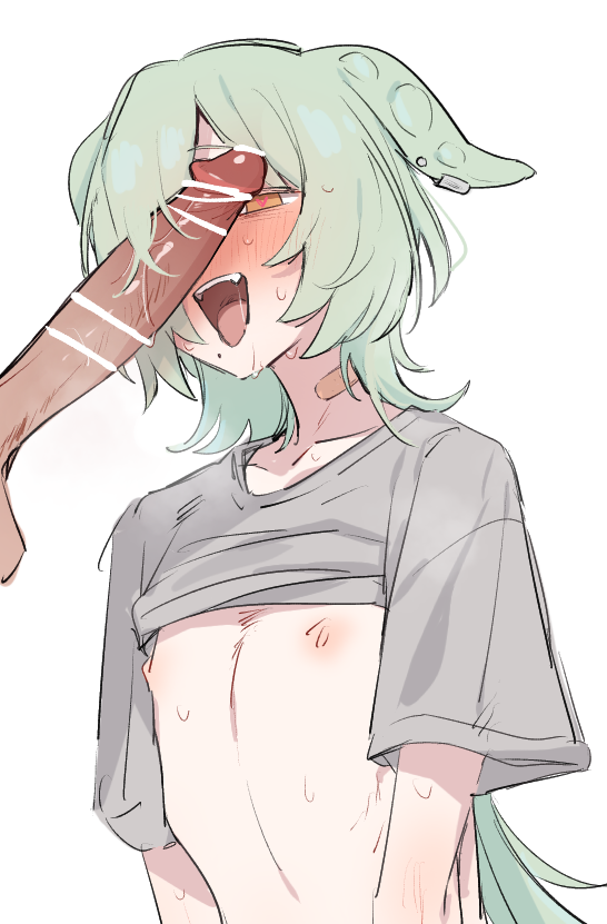 azuma_shino bandaid bandaid_on_neck censored clothes_lift clothing female flat_chest green_hair grey_shirt heart heart_in_eye long_hair male male/female nipples open_mouth pea_pod penis shirt shirt_lift simple_background symbol_in_eye topwear very_long_hair voicevox white_background zundamon
