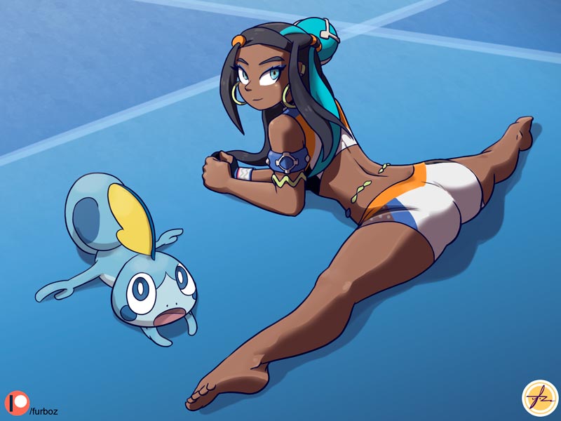 1girls ambiguous_gender ass clothed feet feral flexible furboz nessa_(pokemon) nintendo patreon pokemon pokemon_ss sobble text watermark