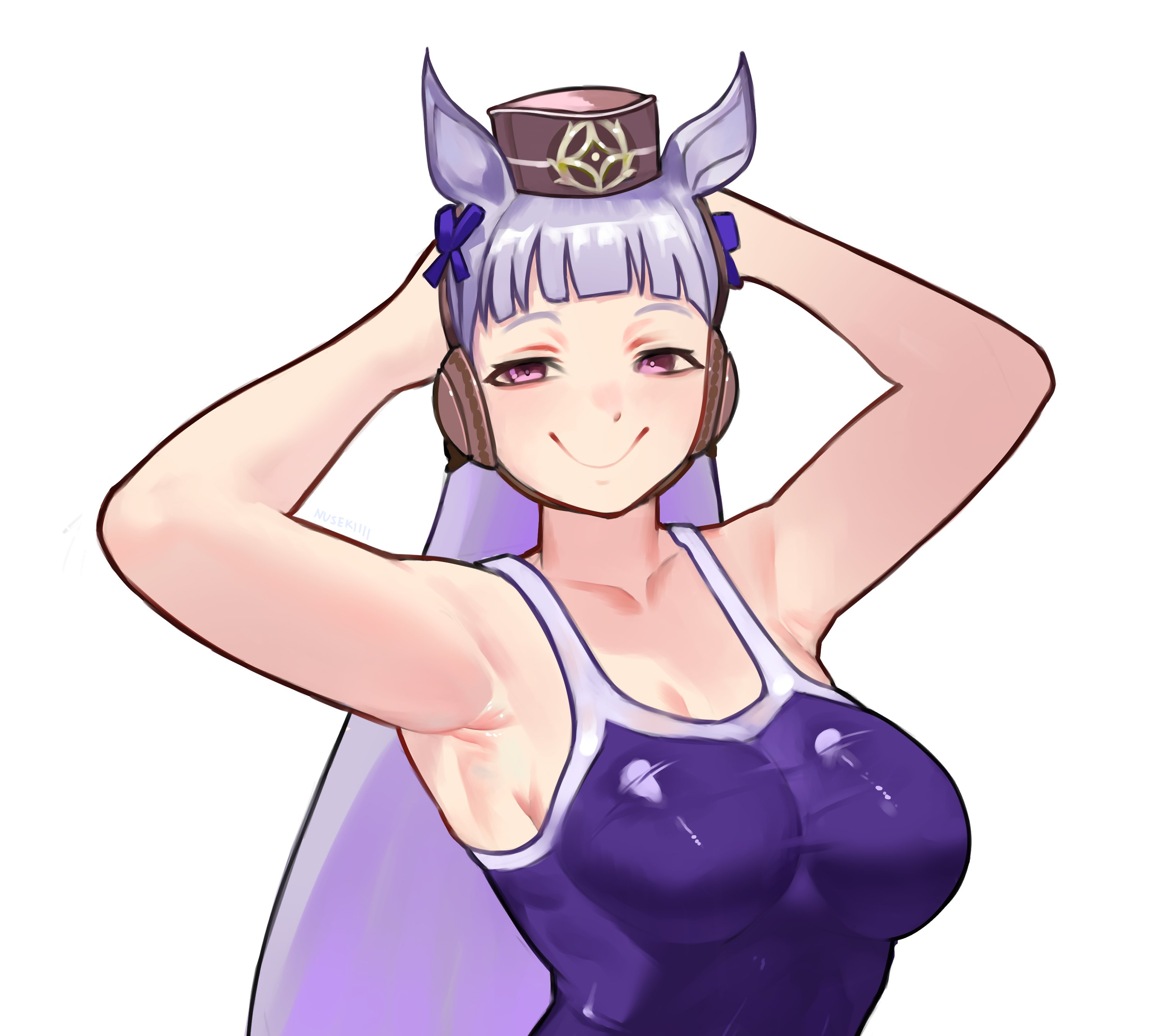 1girls, armpits, arms up, female, gold ship (umamusume), hi res, horse ears, horse girl, nuseki, one piece swimsuit, school swimsuit, simple background, smug, solo, swimsuit, tagme, umamusume