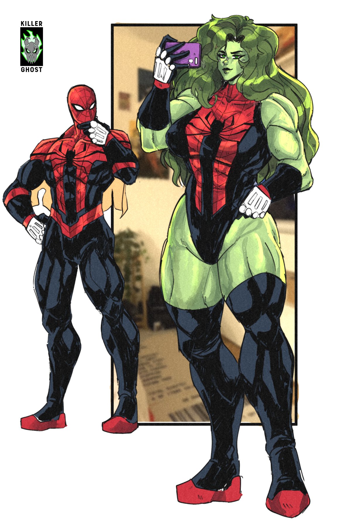 1boy, 1girls, artist logo, big breasts, breasts, busty, cellphone, female, gloves, green eyes, green hair, green skin, jennifer walters, killerghost, leotard, male, marvel, marvel comics, muscular, muscular female, selfie, she-hulk, spider-man, spider-man (cosplay), superhero, superheroine, thighhighs, tight clothing