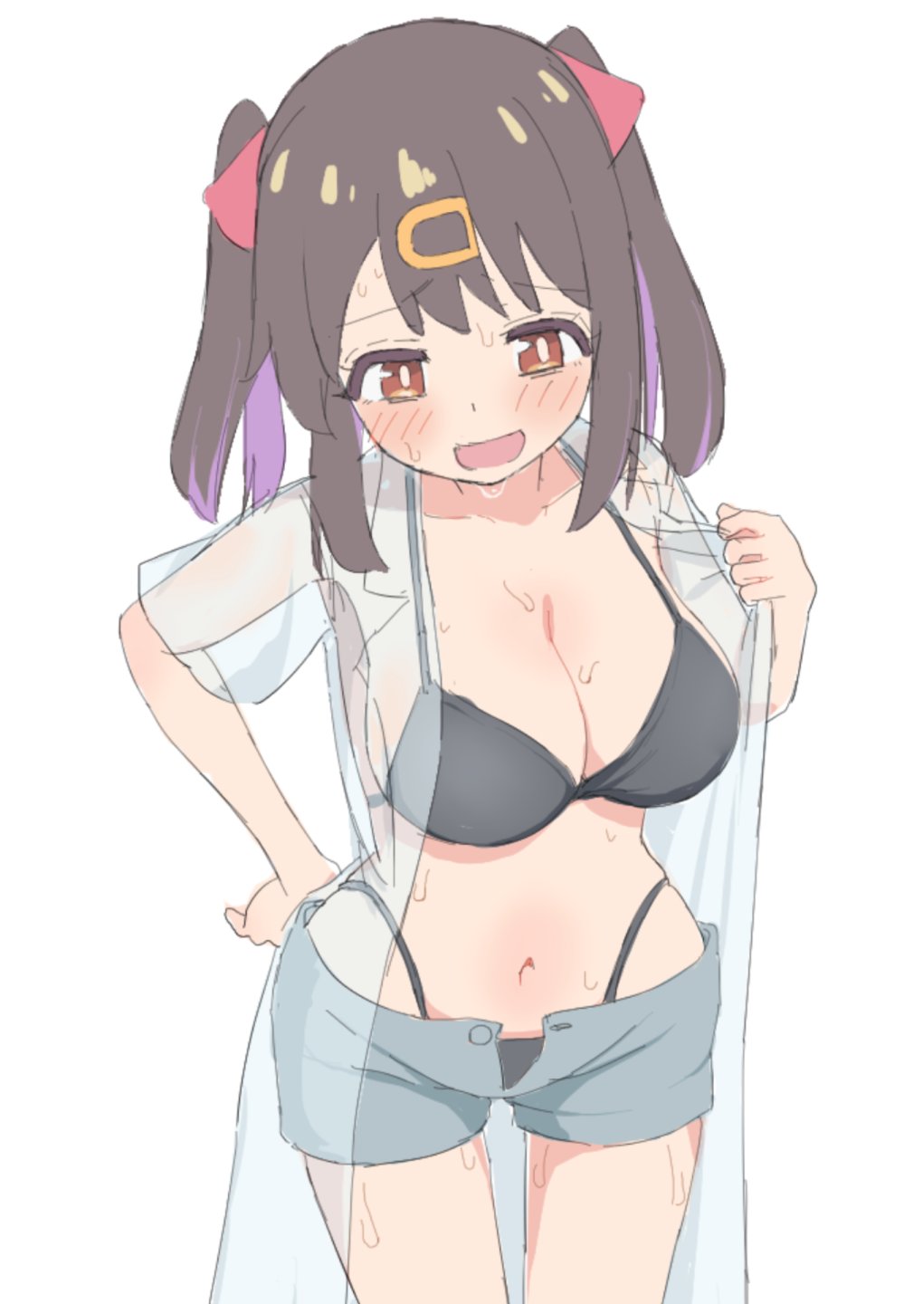 blush blush_lines collared_shirt hand_on_hip large_breasts lingerie_bra mk_r1808 one_arm_up onii-chan_wa_oshimai! open_clothes open_mouth oyama_mihari see-through see-through_clothing short_sleeves shorts slender_waist sweat sweaty white_shirt worried