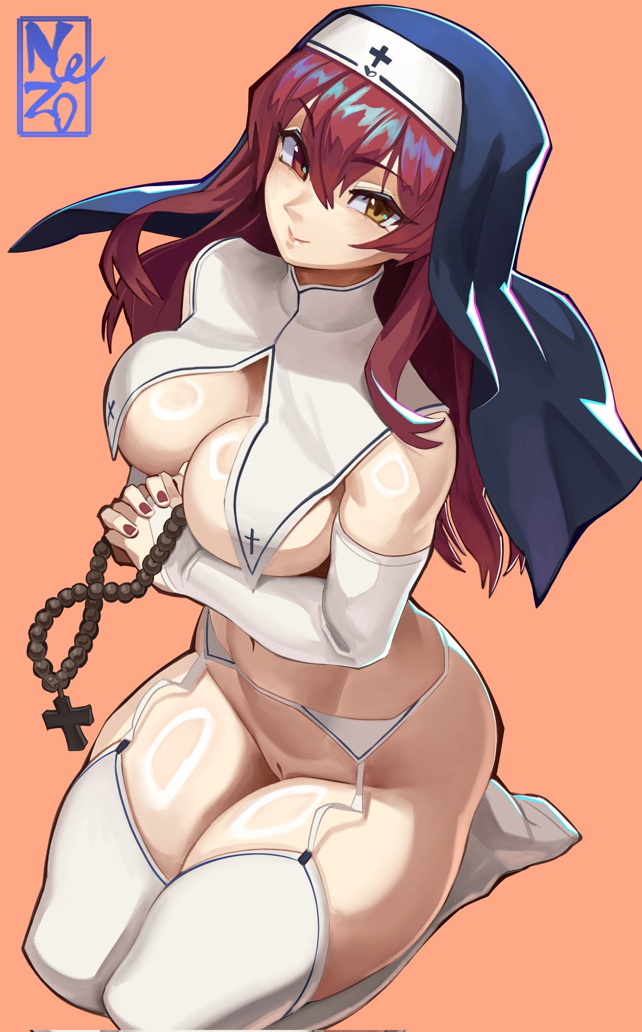 ass, big ass, big breasts, big butt, big thighs, big titties, breasts, clothing, curvaceous, curvaceous female, curvaceous figure, curvy, curvy figure, curvy hips, exnezo, female, female focus, female only, hololive, hololive fantasy, hololive japan, houshou marine, long hair, looking at viewer, nun, nun outfit, red hair, thick thighs, thigh highs, virtual youtuber