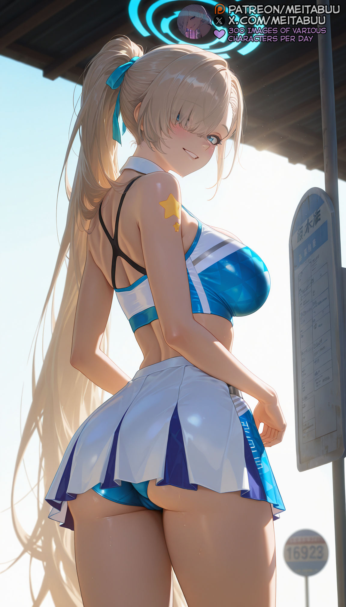 1girls, ai generated, alternate costume, ass, asuna (blue archive), asymmetrical bangs, back, bare arms, bare shoulders, blonde hair, blue archive, blue eyes, blue panties, blue sports bra, blush, breasts, cheerleader, cowboy shot, crop top, day, female, from behind, grin, hair over one eye, hair ribbon, halo, large breasts, light brown hair, long bangs, long hair, looking at viewer, looking back, meitabuu, midriff, millennium cheerleader outfit (blue archive), miniskirt, outdoors, panties, panty peek, pantyshot, parted lips, pleated skirt, ponytail, ribbon, sign, skirt, smile, solo, sports bra, standing, tattoo, thighs, two-tone skirt, two-tone sports bra, underbuttasuna (blue archive), underwear, very long hair, white skirt