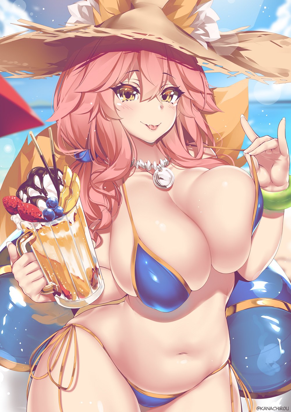 beach big_breasts bikini fate/grand_order fate_(series) fox_ears gold_eyes innertube kanachirou pink_hair plump seaside slightly_chubby smile straw_hat swimsuit tail tamamo_no_mae_(fate) tamamo_no_mae_(swimsuit_lancer) thick_thighs