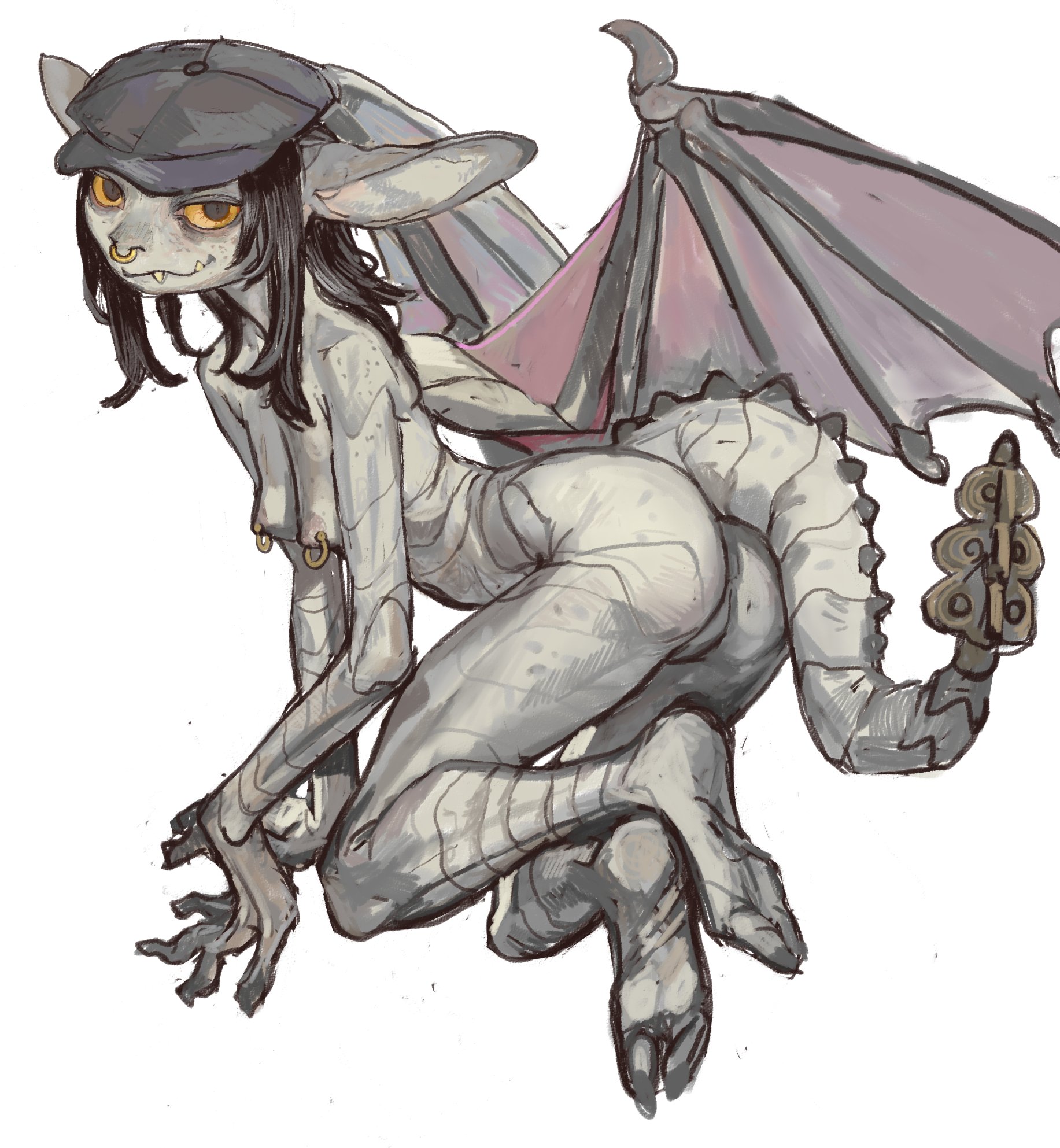 ass, big ears, breasts, deadlock, fangs, feet, female, gargoyle, hat, ivy (deadlock), mossa, mossacannibalis, nipple piercing, nipples, nose ring, piercing, small breasts, tail, wings, yellow sclera