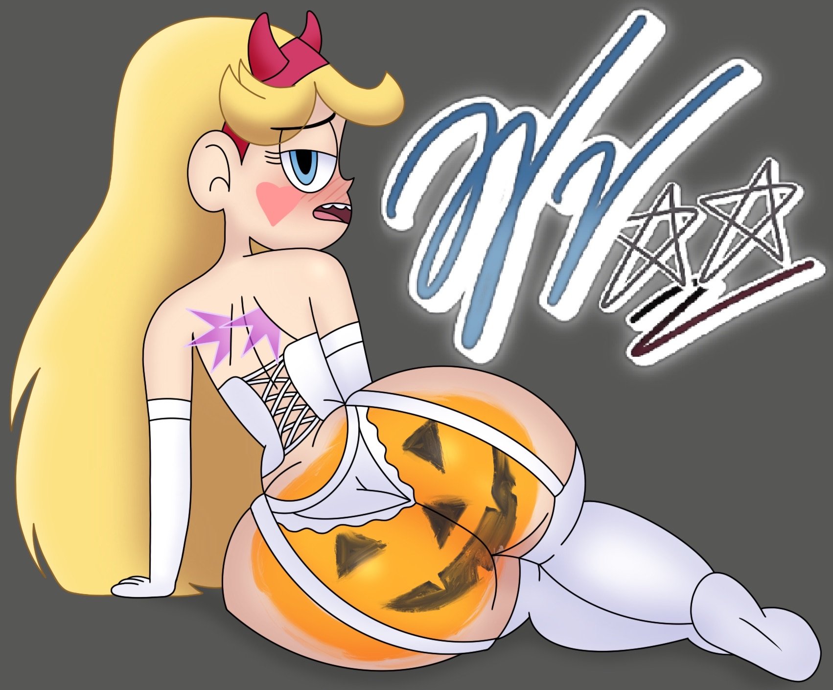 1girls, ass, ass bigger than head, ass focus, big ass, big butt, blonde hair, blue eyes, blush, body paint, bodypaint, bride, bubble ass, bubble butt, disney, disney channel, disney xd, fat ass, female, female focus, female only, grey background, halloween, hips, huge ass, large ass, laying on side, lingerie, long hair, looking back, paint, pumpkin, pumpkin butt, solo, solo female, star butterfly, star vs the forces of evil, stockings, thick thighs, thighs, wide hips, wifeyvoo, wings