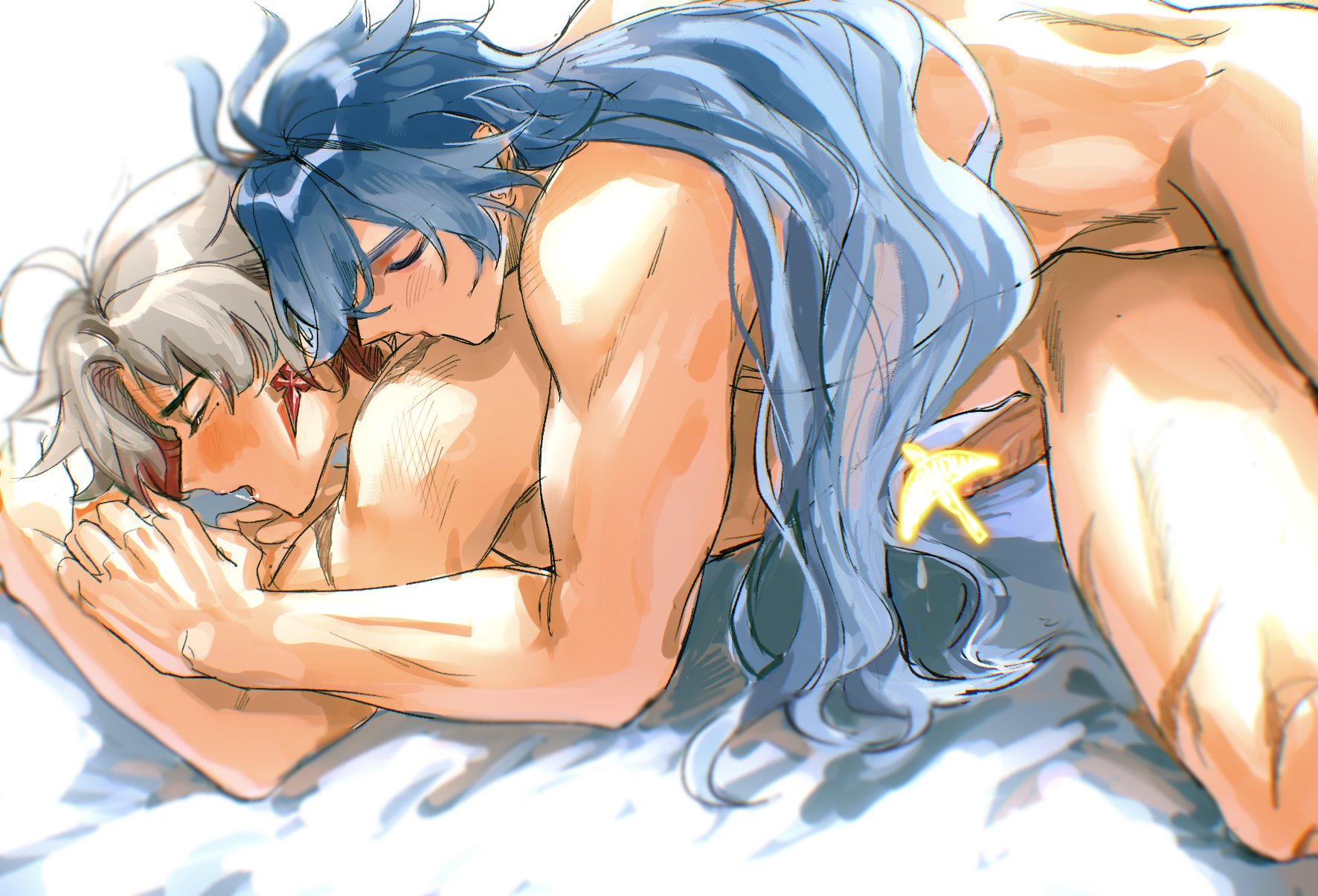 2boys, artist request, blue hair, censored, closed eyes, completely nude, ear piercing, earrings, flins (genshin impact), gay, gay male, gay sex, genshin impact, grey hair, illuga (genshin impact), light skin, light-skinned male, long hair, male, male focus, male only, male/male, mole, mole under eye, multicolored hair, naked, nude, penis, piercing, red hair, scar, scars, sex, sheets, short hair, yaoi