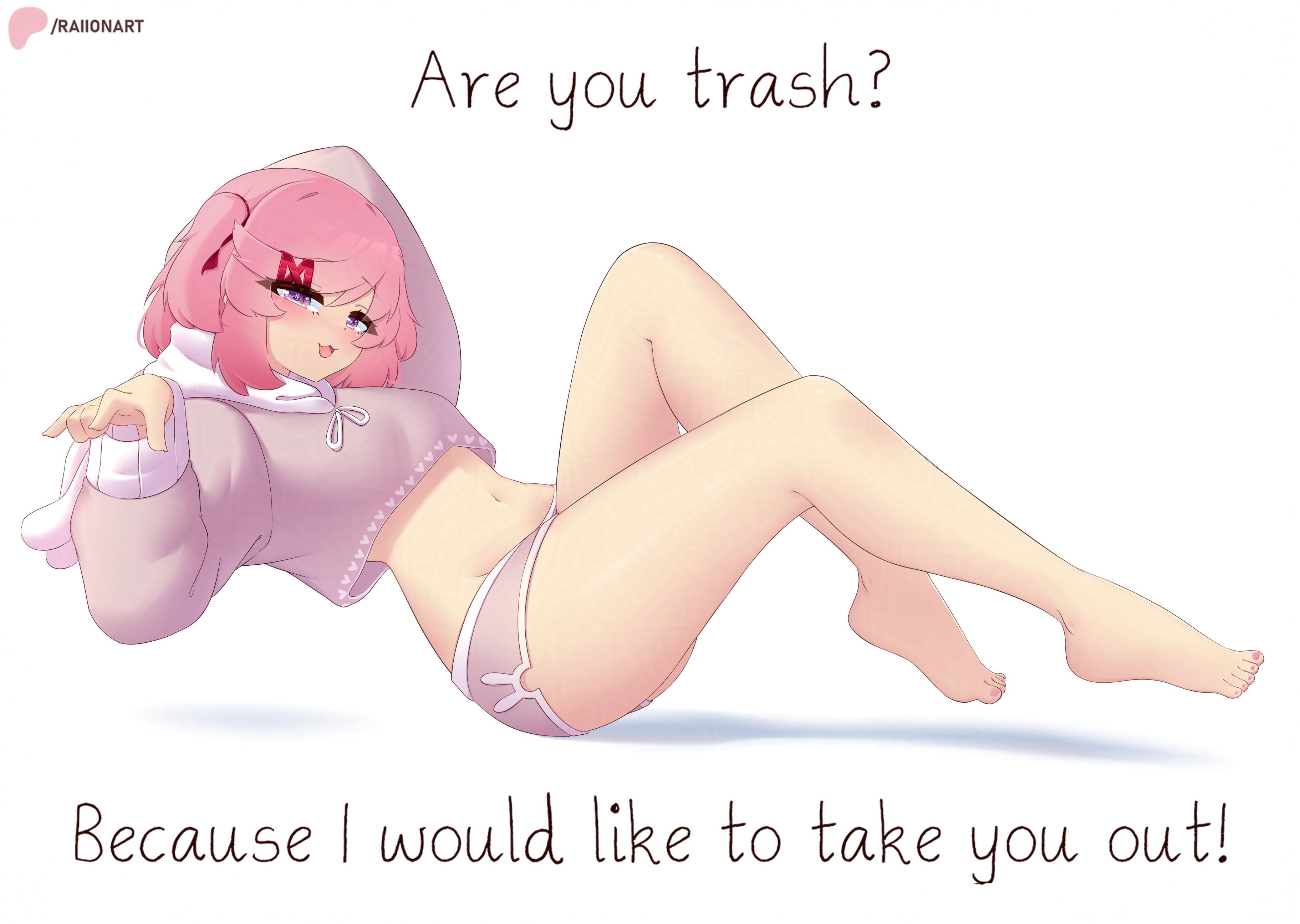 1girls, accessory, artist name, bangs, blush, clothed, clothing, dialogue, doki doki literature club, english text, feet, female, female only, hair accessory, hair ornament, hair ribbon, hairclip, hoodie, jacket, looking at viewer, matching hair/eyes, natsuki (doki doki literature club), navel, open mouth, open smile, open-mouth smile, pick-up line, pink eyes, pink hair, raionart, short hair, shorts, side view, sitting, smile, smiling at viewer, solo, solo female, solo focus, swept bangs, talking, talking to viewer, text, thick thighs, thighs, tied hair, twintails, twintails (hairstyle)