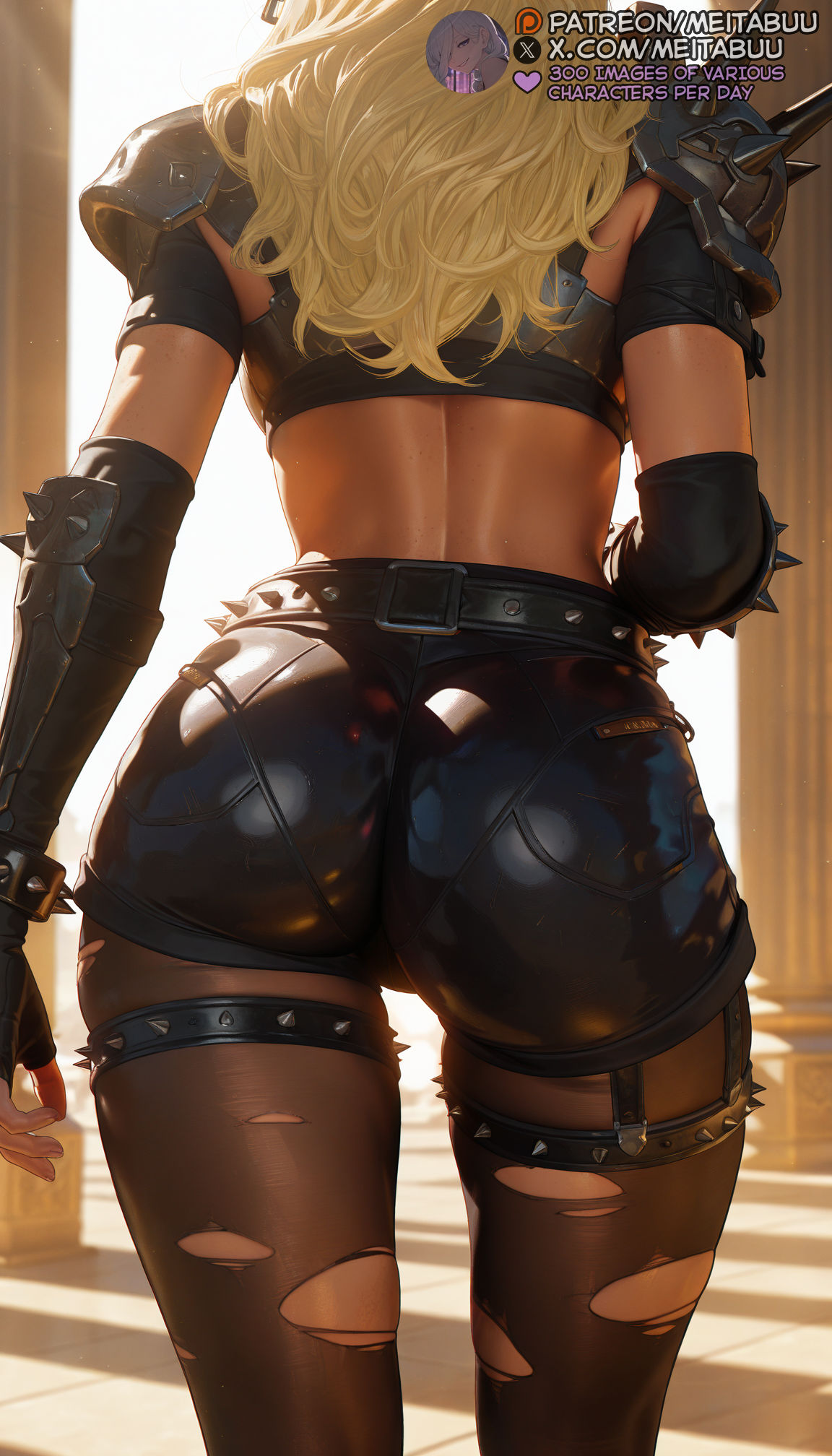 1girls, ai generated, armor, ass, ass focus, back, belt, black gloves, black pantyhose, black shorts, blonde hair, brown pantyhose, crop top, elbow gloves, facing away, female, fingerless gloves, from behind, gloves, long hair, magik (illyana rasputin), magik (marvel rivals), marvel, marvel comics, marvel rivals, meitabuu, pantyhose, pantyhose under shorts, pauldrons, short shorts, shorts, shoulder armor, shoulder pads, shoulder spikes, skindentation, solo, spikes, thigh strap, torn clothes, torn pantyhose, x-men