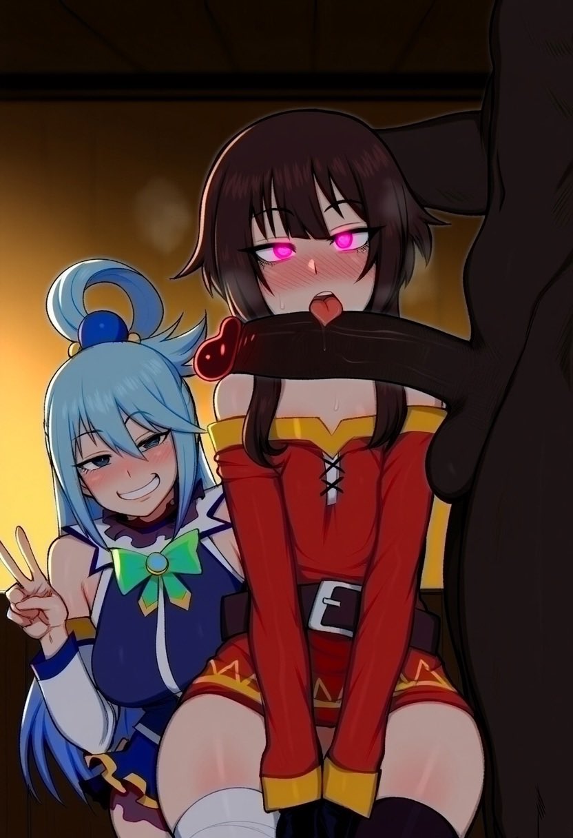 1boy, 2girls, ai generated, aqua (konosuba), aquasamaqueen, blue hair, brown hair, cum, dark skin, dark-skinned male, female, hypnosis, kono subarashii sekai ni shukufuku wo!, licking penis, male, megumin, multiple females, multiple girls, penis, red eyes