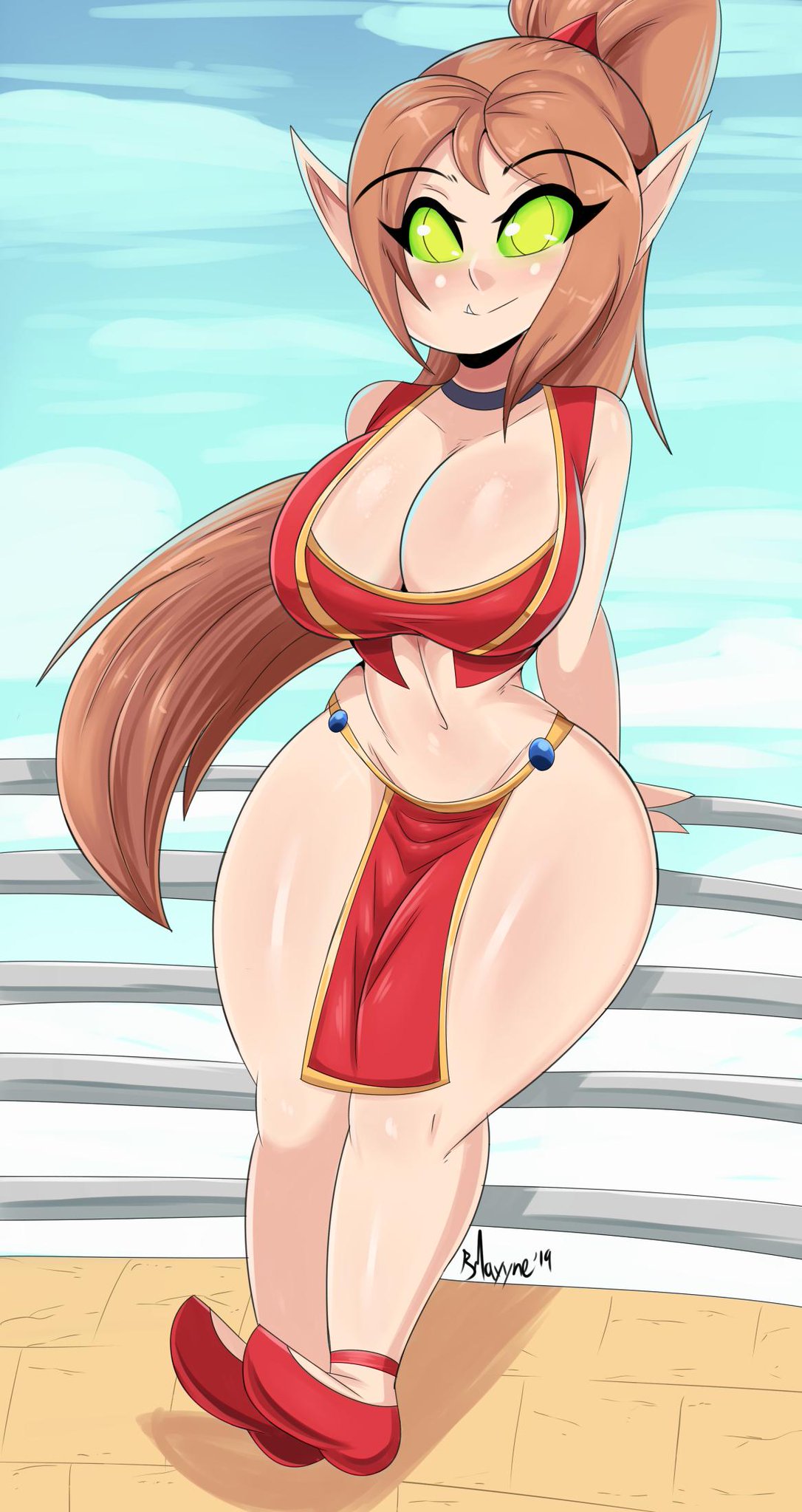 1girls artist_name big_breasts blood_elf bmayneart breasts cleavage clothing elf female female_only green_eyes hair large_breasts long_hair nearie pointy_ears solo thighs video_games warcraft world_of_warcraft