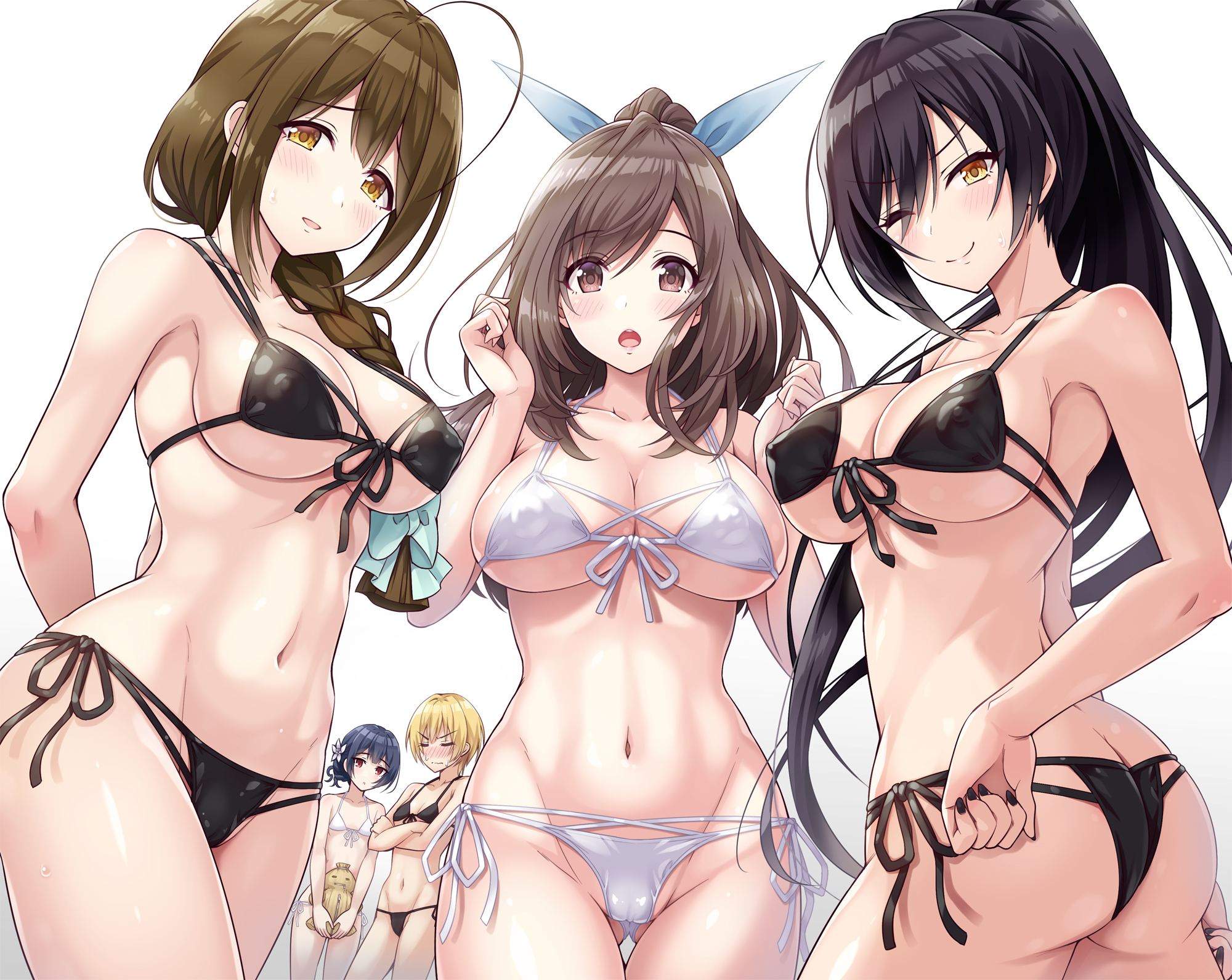 ahoge, armpits, ass, ass crack, ass visible through thighs, bare arms, bare belly, bare shoulders, belly button, big breasts, bikini, black bikini, black hair, blonde hair, blue hair, blush, body blush, braided ponytail, breast envy, breasts, brown eyes, brown hair, butt crack, cameltoe, cleavage, closed eyes, closed mouth, collarbone, crossed arms, female, flat chest, flower in hair, front-tie bikini top, groin, hair ribbon, idolmaster, idolmaster shiny colors, kuwayama chiyuki, long hair, micro bikini, morino rinze, one eye closed, parted lips, ponytail, pussy, red eyes, saijo juri, shiny skin, shirase sakuya, short hair, side-tie bikini bottom, sideboob, small breasts, smile, tsukioka kogane, underboob, urabi (tomatohouse), white bikini, wink, yellow eyes