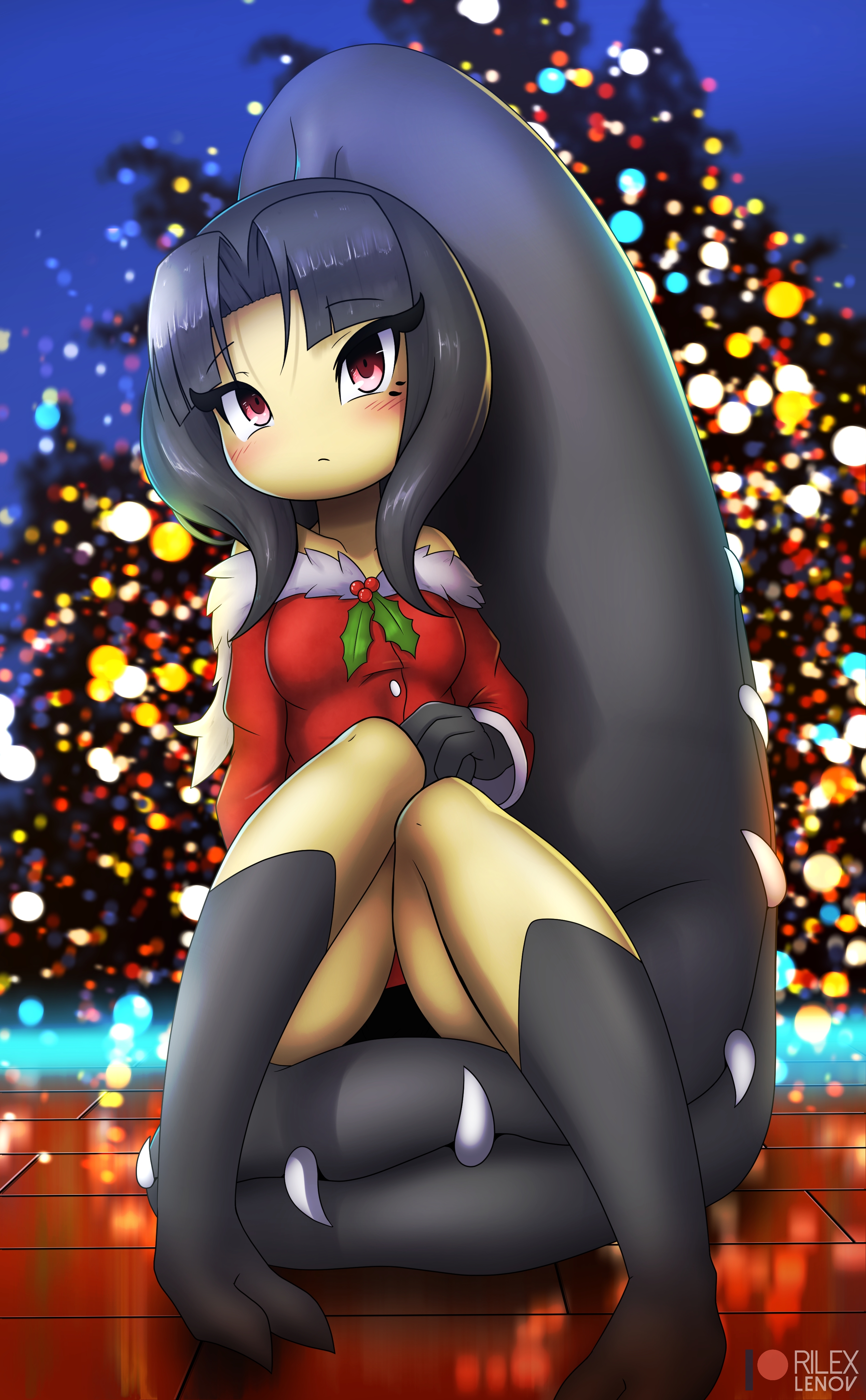 1girls, 2 toes, 3 fingers, anthro, anthrofied, ass, barefoot, big mouth, black hair, black skin, blush, breasts, christmas, fairy, feet, female, female only, highres, mawile, mistletoe, nintendo, original character, patreon, pokemon, pokemon (species), pokemon rse, red eyes, rilex lenov, sitting, solo, teeth, text, watermark, wide hips, yellow skin