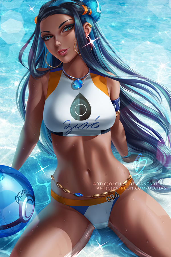 1girls, abs, blue eyes, blue hair, breasts, cleavage, dark skin, dark-skinned female, deviantart, female, female only, leaning back, looking at viewer, nessa (pokemon), olchas, outdoors, patreon, pokemon, pokemon ss, solo, text, url, watermark