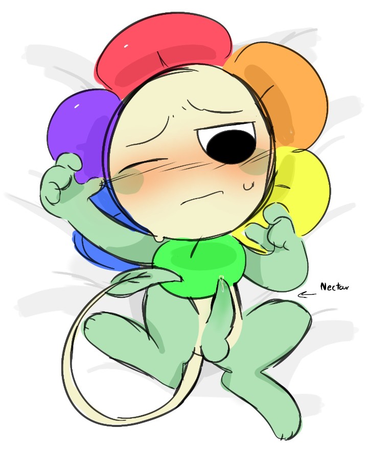 bed, blush, body pillow, dandy (dandy's world), dandy's world, good4gooddy, male, penis, precum, small, sweat