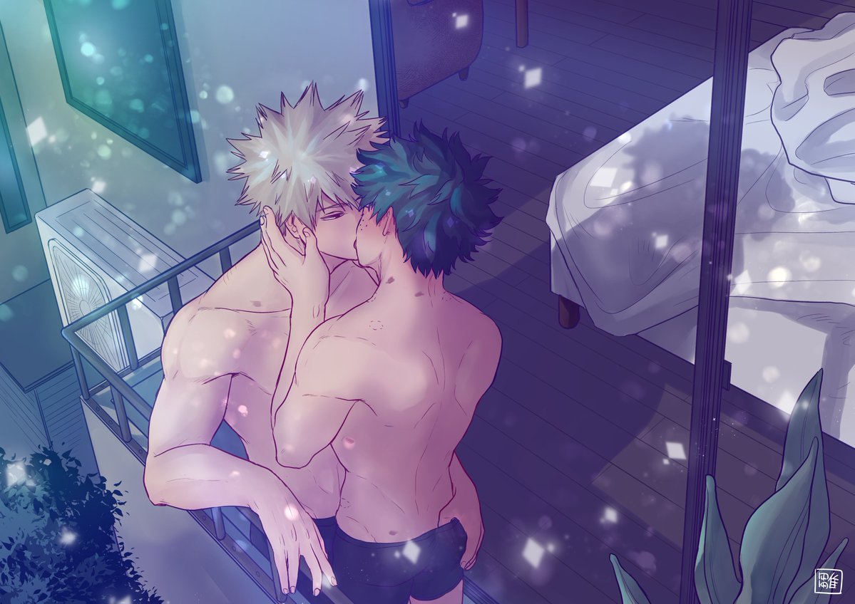 2boys ass_grab balcony bite_marks blonde_hair blush boxers_(clothing) colored gay green_hair hand_on_hip head_grab izuku_midoriya katsuki_bakugou kissing male_underwear muscles muscular my_hero_academia night outside rivals romantic standing tagme tender tongue_kiss uncensored underwear yaoi