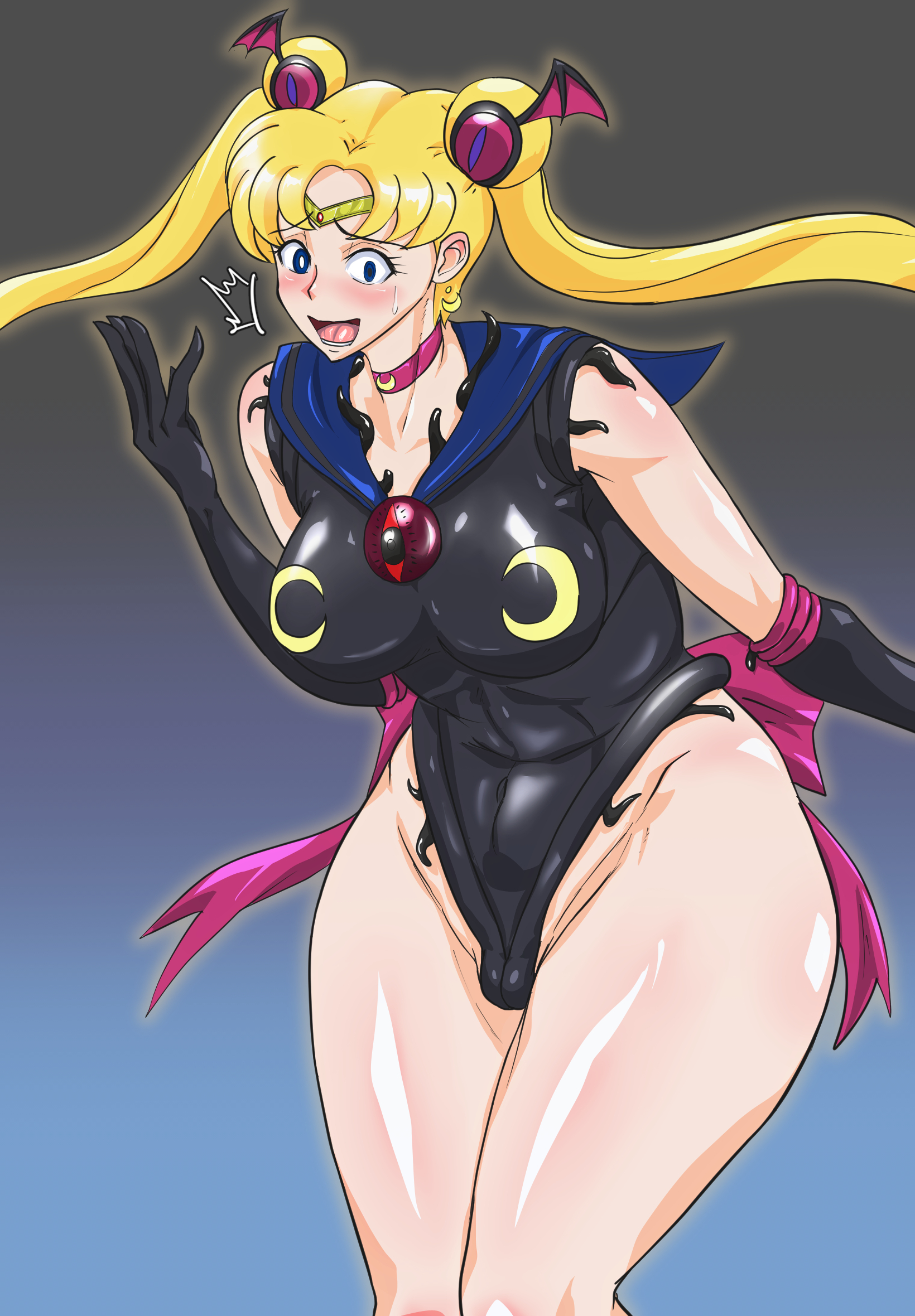 1girls, alternate breast size, bishoujo senshi sailor moon, blue eyes, breasts, clothed, clothing, corruption, enemy conversion, female, human, leotard, living clothes, mostly clothed, sailor moon, solo, standing, t-syun, thick thighs, transformation, usagi tsukino, wide hips