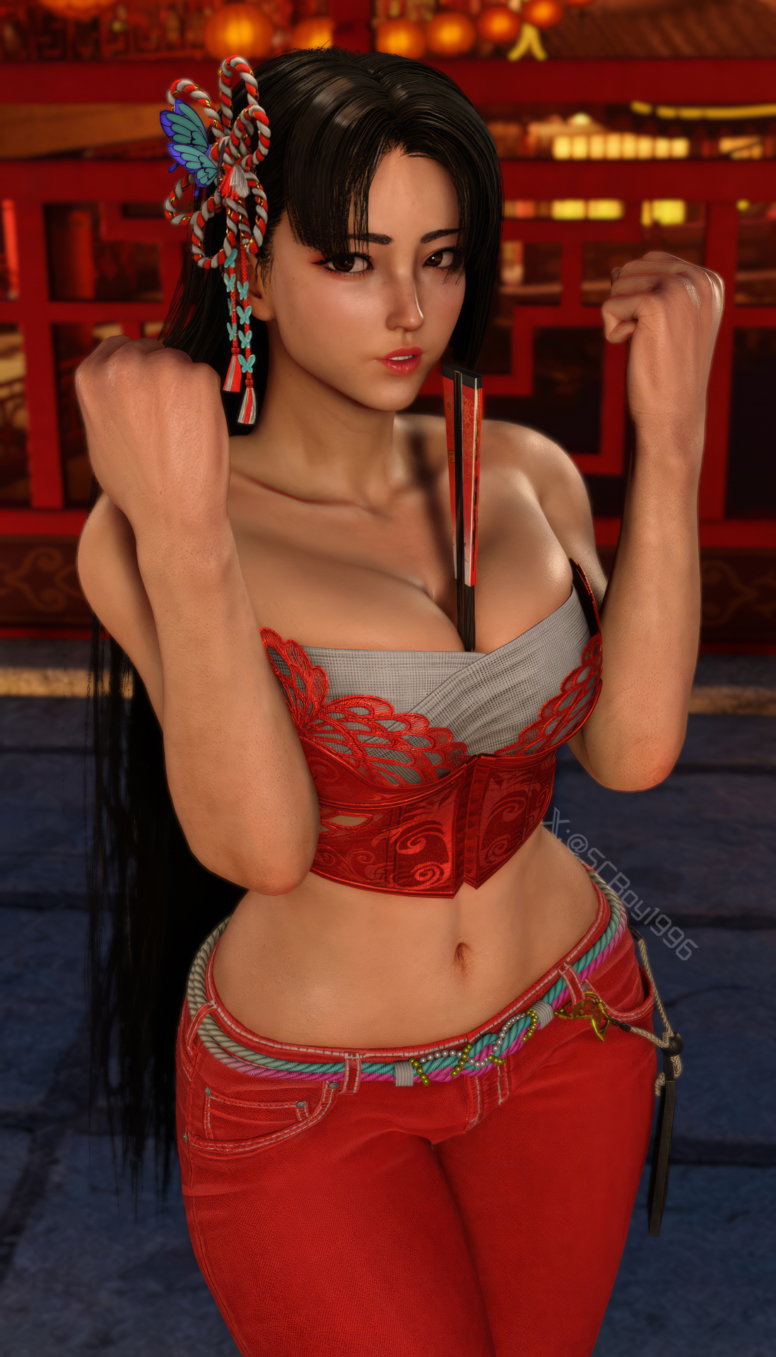 1girls, 3d, asian, asian female, big breasts, black hair, breasts, breasts squeezed together, brown eyes, capcom, cleavage, elbows up, fatal fury, female, fighting game, ingame model, item in cleavage, japanese, japanese female, king of fighters, mai shiranui, mai shiranui (street fighter 6), red lipstick, red outfit, screencap, screenshot, screenshotboy96, snk, solo, solo female, stomach, street fighter, street fighter 6, video games