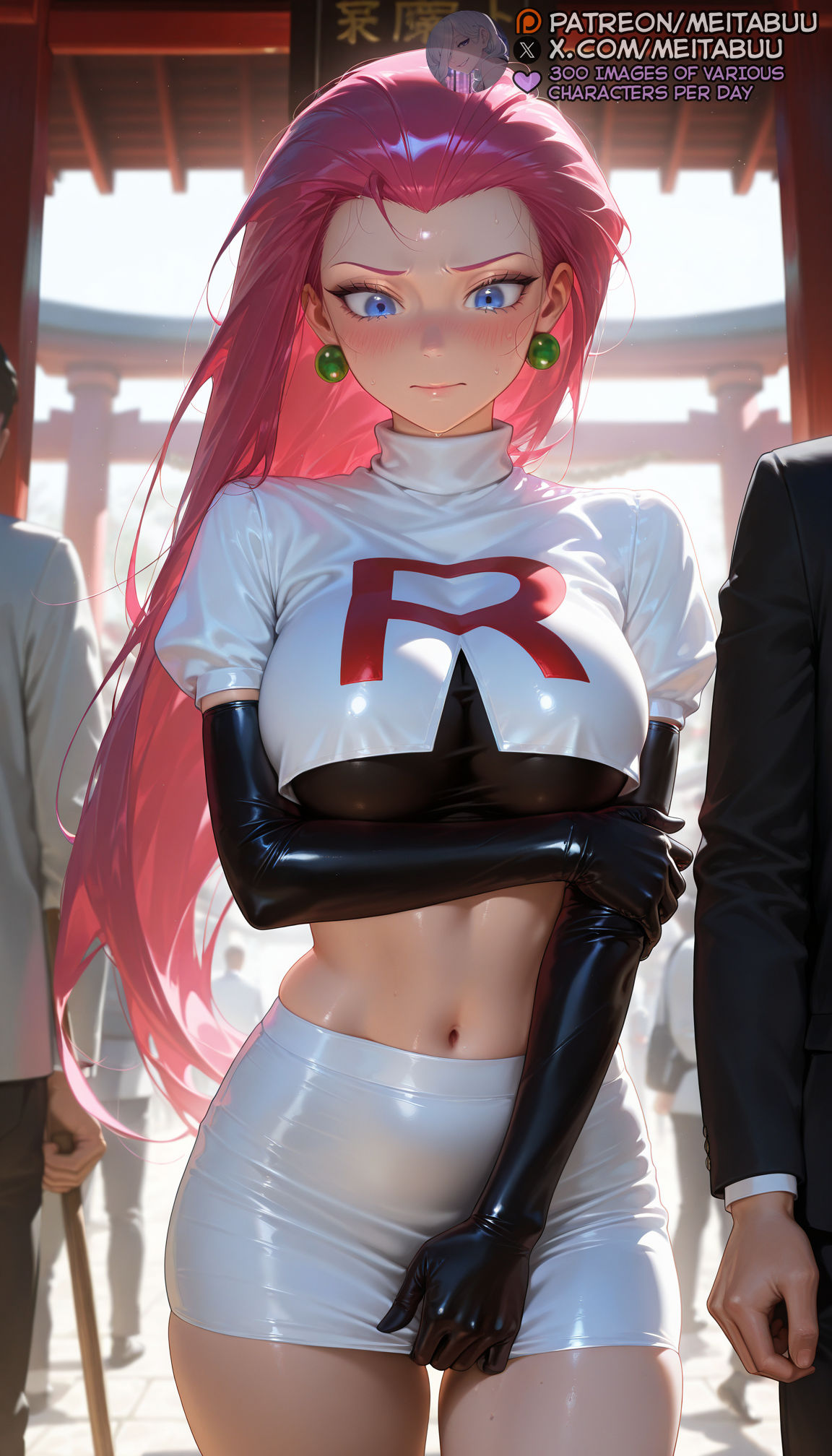1girls, ai generated, arm under breasts, black gloves, black shirt, blue eyes, blush, breasts, closed mouth, cowboy shot, crop top, earrings, elbow gloves, embarrassed, female, forehead, gloves, hair slicked back, jacket, jessie (pokemon), jewelry, large breasts, latex, latex gloves, long hair, looking down, meitabuu, midriff, miniskirt, navel, nintendo, outdoors, patreon username, pencil skirt, pink hair, pokemon, pokemon anime, puffy short sleeves, puffy sleeves, shiny clothes, shiny skin, shirt, short sleeves, skindentation, skirt, skirt tug, solo focus, stomach, sweat, team rocket, team rocket uniform, thighhighs, thighs, torii, very long hair, white skirt
