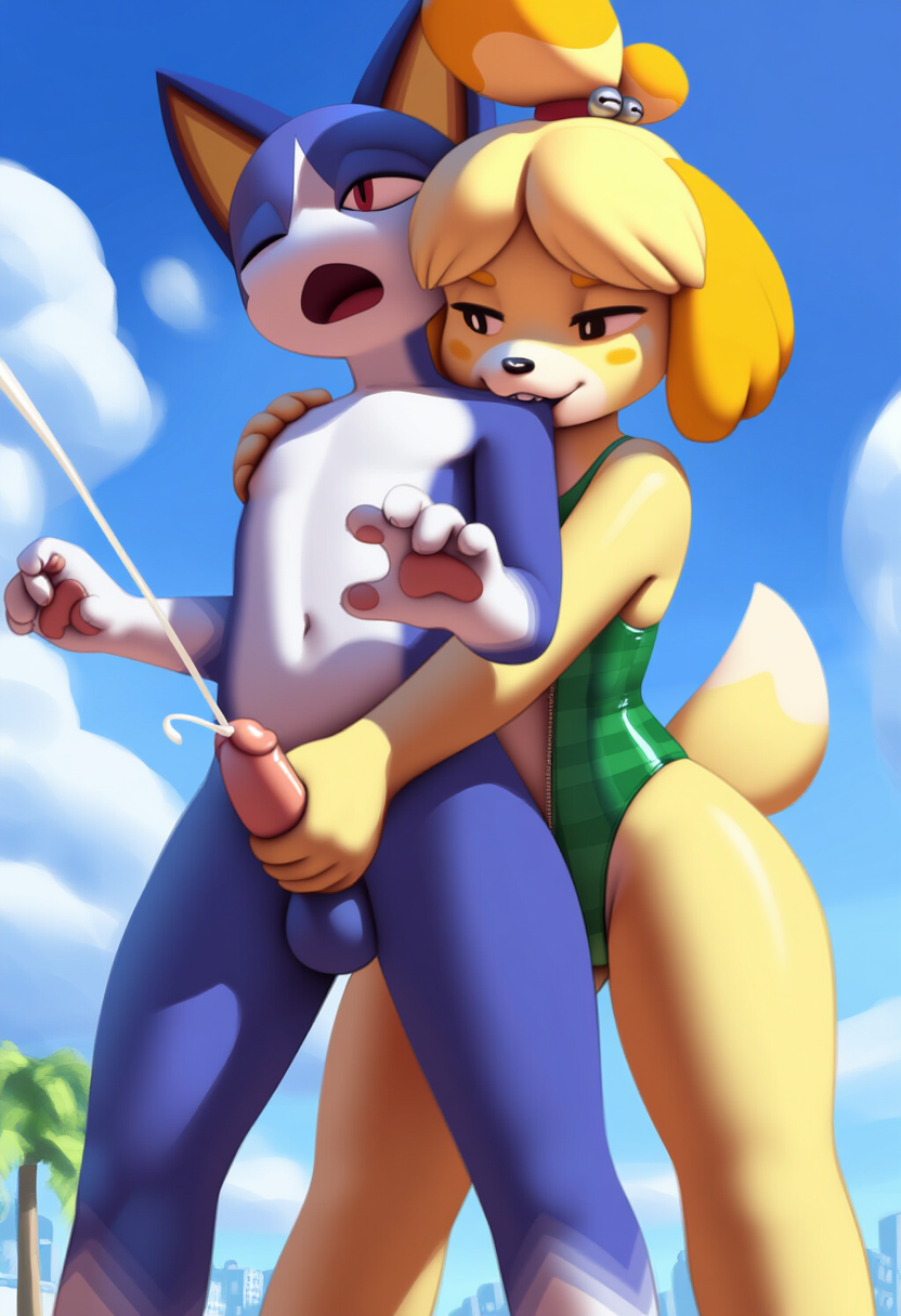 ai_generated animal_crossing clothed_female_nude_male cum cumshot handjob isabelle_(animal_crossing) nintendo nude orgasm orgasm_face outdoors reach_around rover_(animal_crossing) swimsuit swimwear