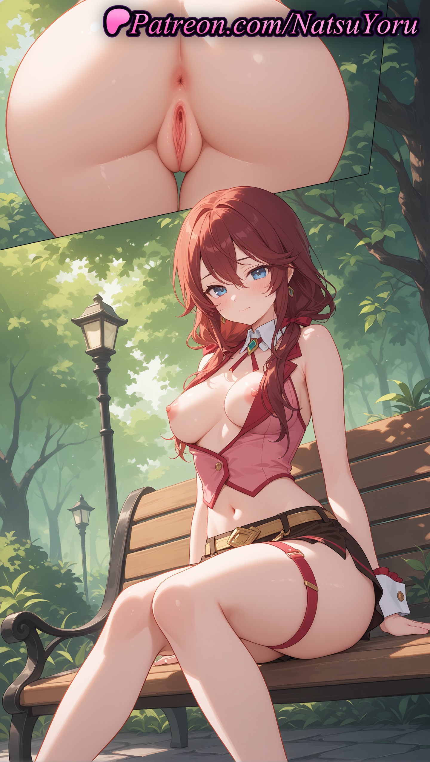 1girls, 2025, ai generated, anus, ass, bare shoulders, belt, bench, blue eyes, breasts, brooch, closed mouth, earrings, female, genjitsu shugi yuusha no oukoku saikenki, hi res, highres, jewelry, long hair, looking at viewer, multiple views, natsuyoru, navel, nipples, open clothes, oshiri, outdoors, park bench, patreon, pussy, red hair, roroa amidonia, shirt, sitting, skirt, sleeveless, sleeveless shirt, smile, stomach, thigh strap, thighs, uncensored, vagina, voluptuous, voluptuous female, wrist cuffs