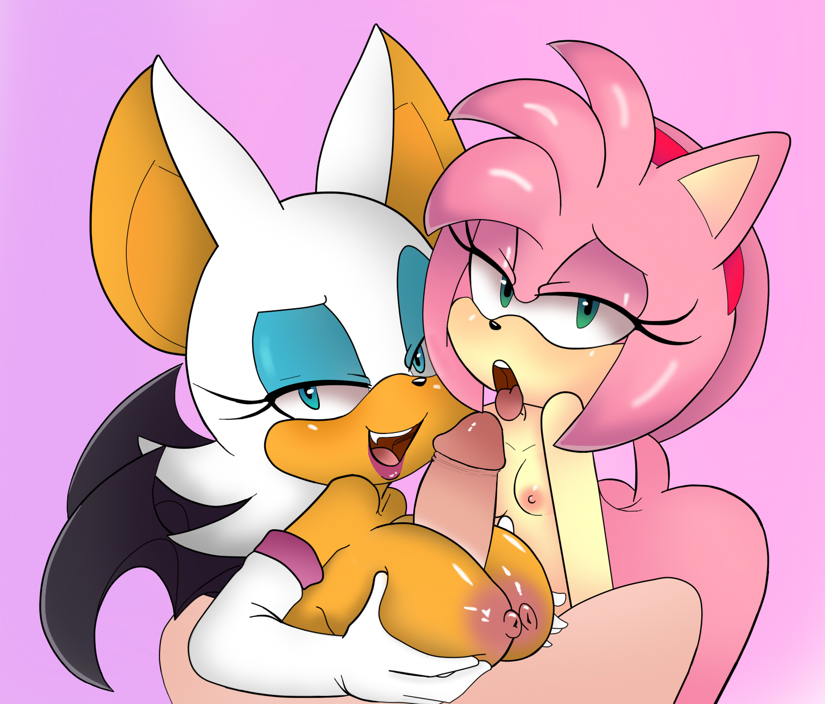 1boy, 2girls, amy rose, anthro, bat, bat wings, bedroom eyes, bent over, big breasts, bimbo, breasts, cock worship, collaboration, collaborative fellatio, colored, colorized, fellatio, female, gloves, group sex, hand on breast, hearlesssoul, hedgehog, horny, huge breasts, human, large breasts, licking penis, looking at viewer, male, male pov, oral, oral sex, paizuri, panting, penis, pov, pov eye contact, rouge the bat, seductive, seductive eyes, seductive look, seductive smile, sega, small breasts, sonic (series), sonic the hedgehog (series), straight, tongue, tongue out