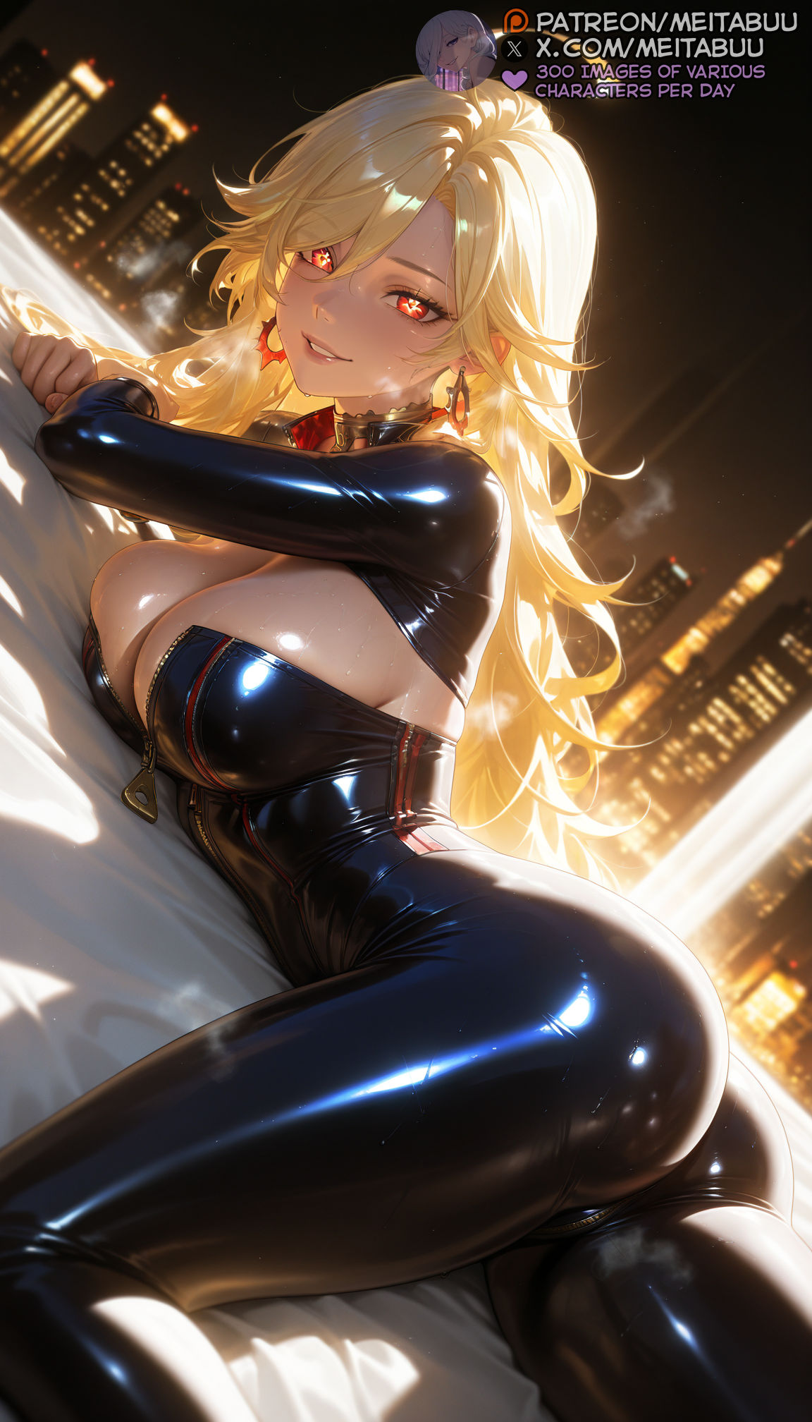 1girls, ahoge, ai generated, ass, black bodysuit, blonde hair, bodysuit, breasts, building, choker, city, city lights, cityscape, cleavage, collar, crotch zippermavuika (genshin impact), earrings, female, genshin impact, grin, jewelry, large breasts, latex, latex bodysuit, long hair, looking at viewer, lying, mavuika (genshin impact), meitabuu, night, on bed, on stomach, parted lips, red eyes, shiny clothes, skin tight, skyscraper, smile, solo, steaming body, sweat, symbol-shaped pupils, window, zipper, zipper pull tab