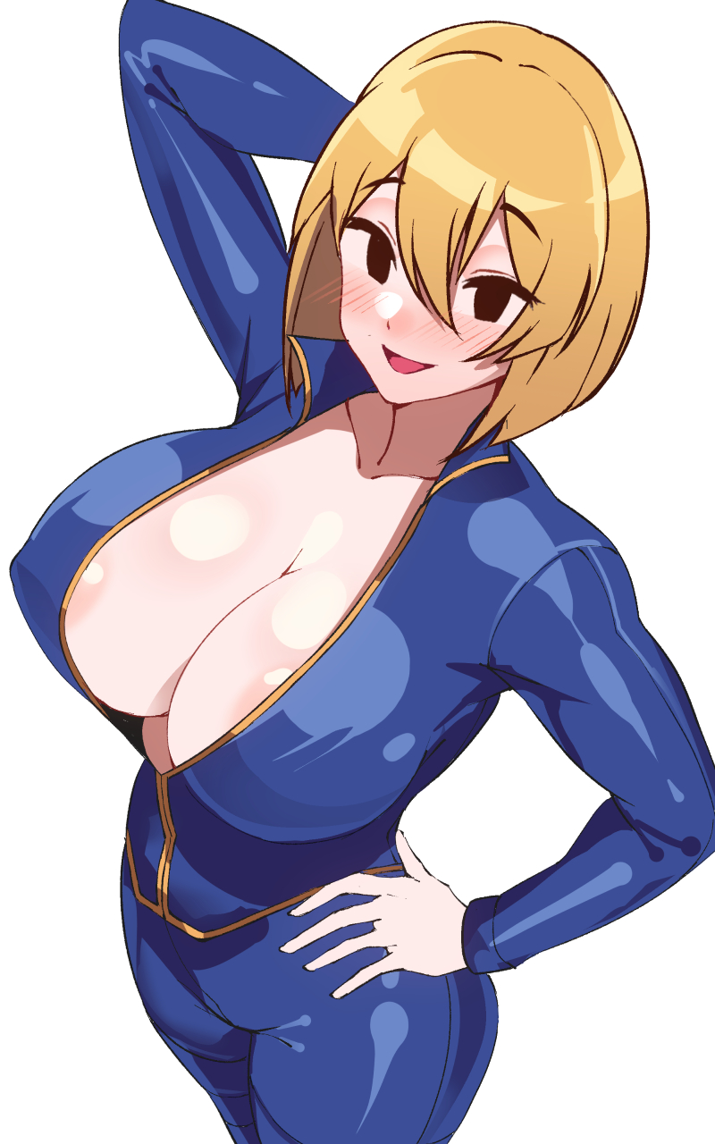 big breasts, blonde hair, breasts, cleavage, fallout, female, looking at viewer, mob face, posing for the viewer, vault girl, vault suit, voluptuous female, volyz