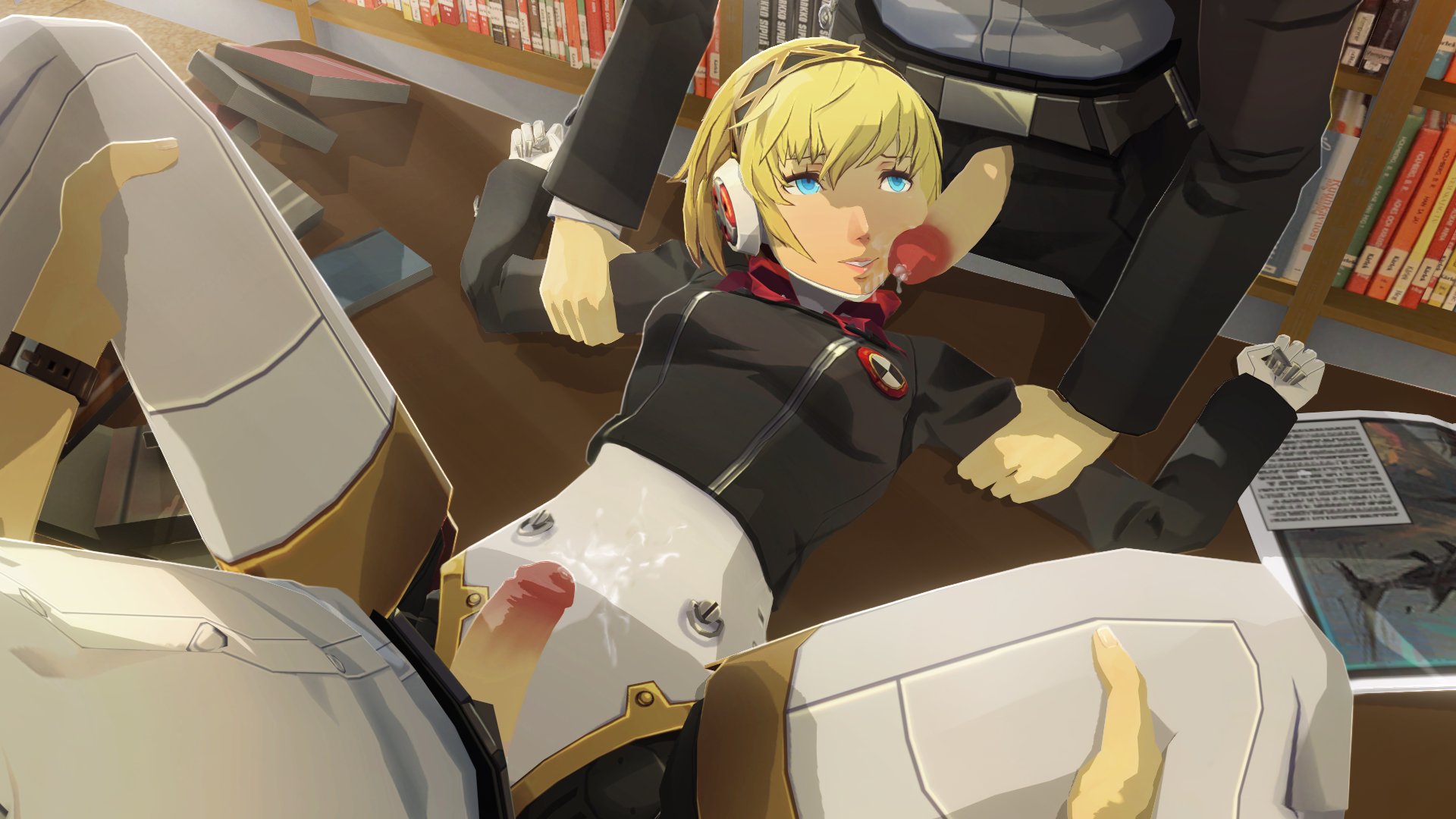 1girls, 2boys, 3d, aigis (persona), android, blonde female, blonde hair, cum, female, grinding, joints, male, mob face, penis, penis in face, persona, persona 3, public, public use, school uniform