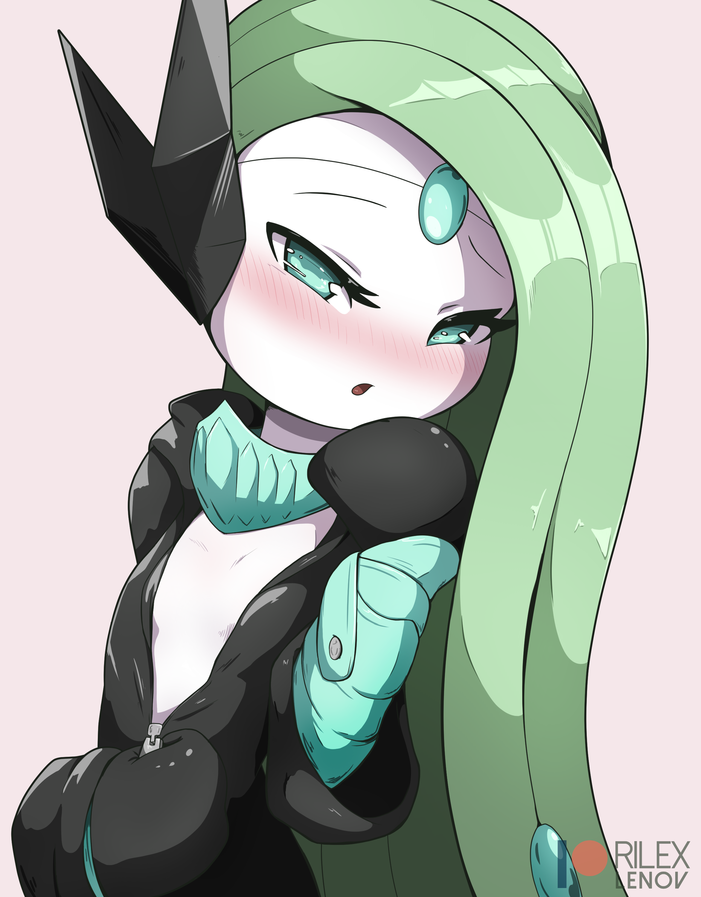 1girls, anthro, anthrofied, blue eyes, blush, breasts, clothed, female, female only, flat chest, gloves, green hair, half-closed eyes, highres, long hair, looking at viewer, meloetta, nintendo, open mouth, patreon, pokemon, pokemon bw, rilex lenov, small breasts, solo, text, very long hair, watermark, white skin, zipper