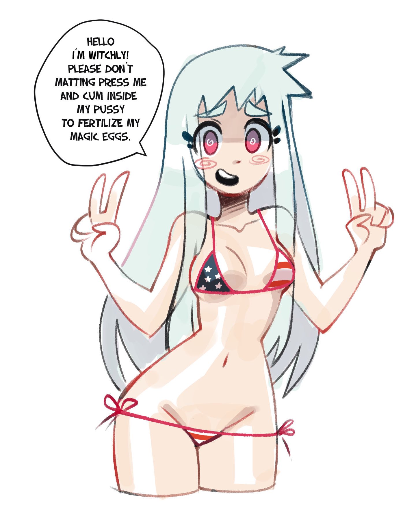 1girls, 4th of july, american flag bikini, bikini, breasts, dialogue, edit, english text, female, female only, gerph, grey hair, imminent mating press, imminent sex, light skin, light-skinned female, long hair, peace sign, pokelolo, pokelolo99, red eyes, skarp world, small breasts, solo, text, thick eyebrows, third-party edit, white background, witch, witchly (skarpworld)