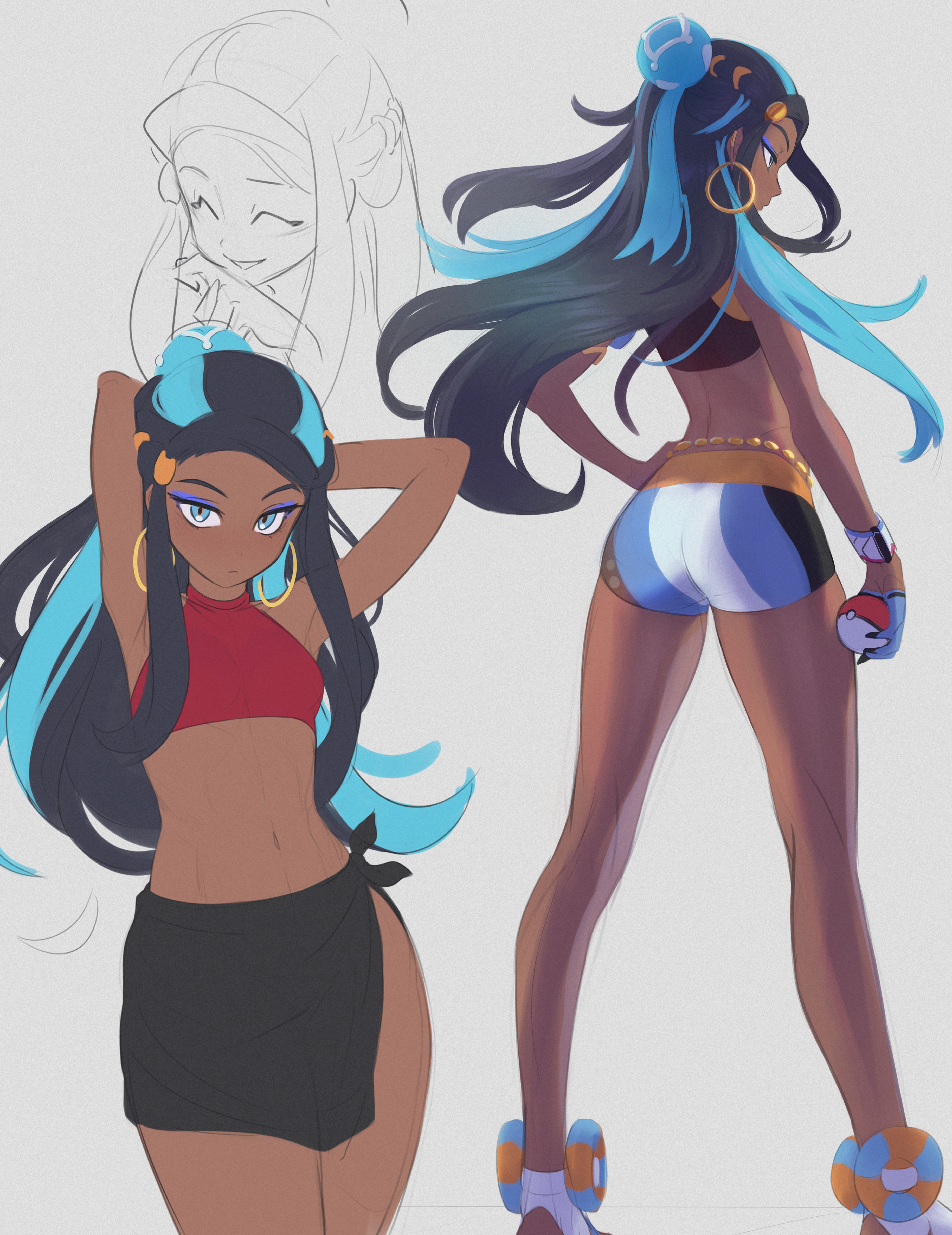 1girls, 2023, 2d, absurdres, anonds31, aqua hair, armlet, arms behind head, ass, belly chain, bike shorts, black hair, blue eyeshadow, closed mouth, commentary, dark skin, dark-skinned female, digital media (artwork), dynamax band, earrings, eyeshadow, female, female only, flat color, gloves, grey background, hair bun, hand on own hip, highres, holding, hoop earrings, jewelry, long hair, looking down, makeup, multicolored hair, multiple views, nessa (pokemon), nintendo, partially colored, pokemon, red vest, single hair bun, standing, two-tone hair, vest